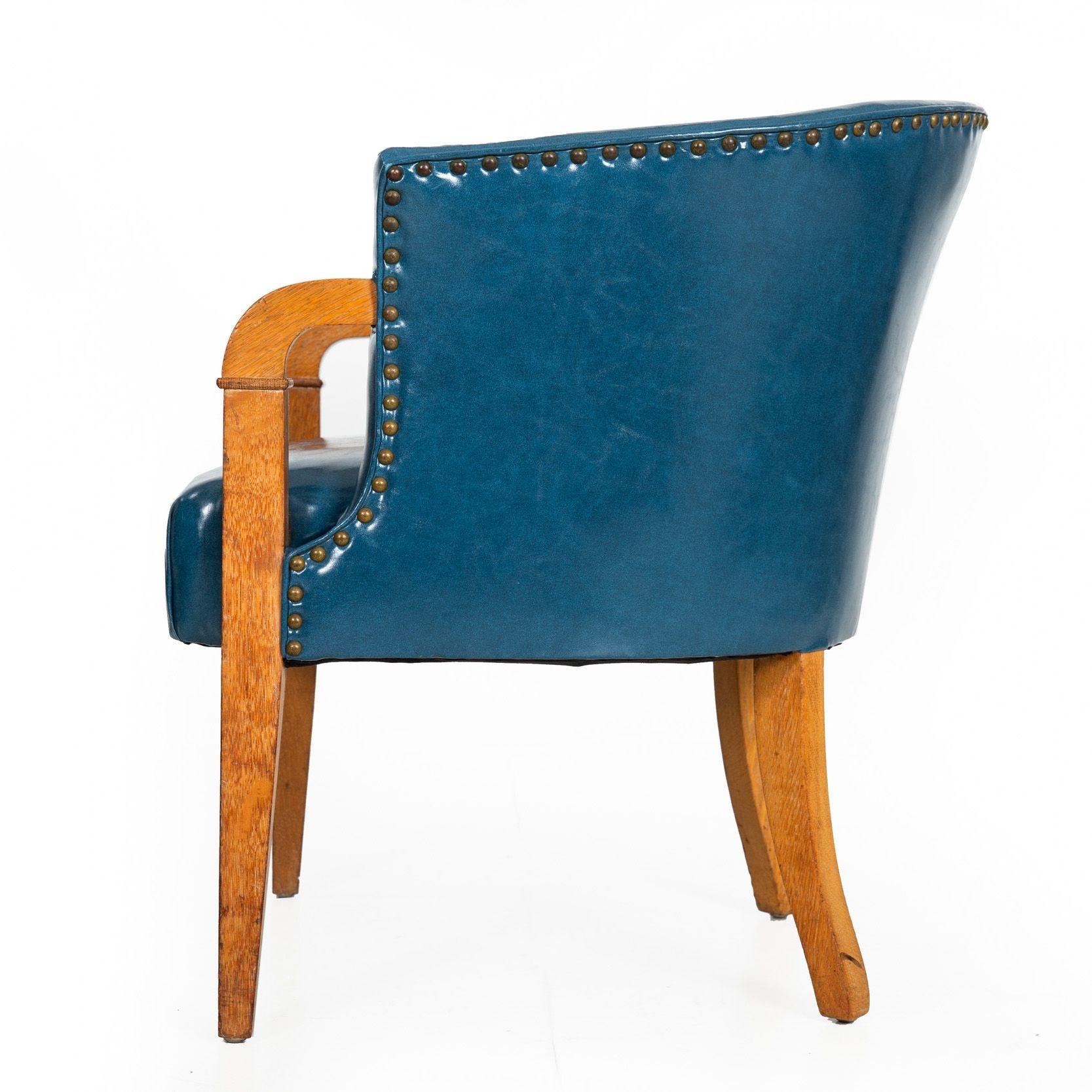 Faux Leather Mid-Century Modernist White Oak Tub Arm Chair in Blue Faux-Leather For Sale