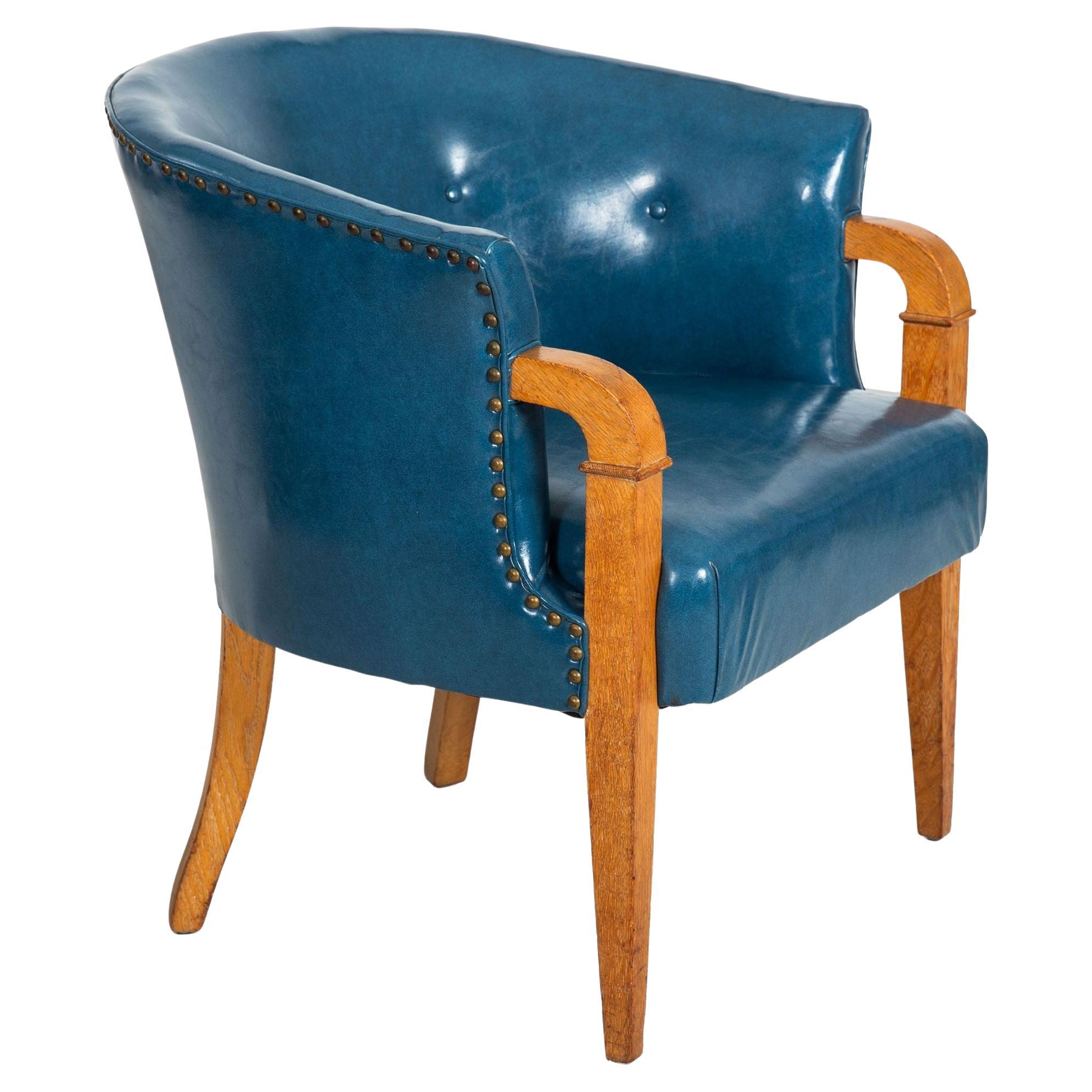 Mid-Century Modernist White Oak Tub Arm Chair in Blue Faux-Leather For Sale