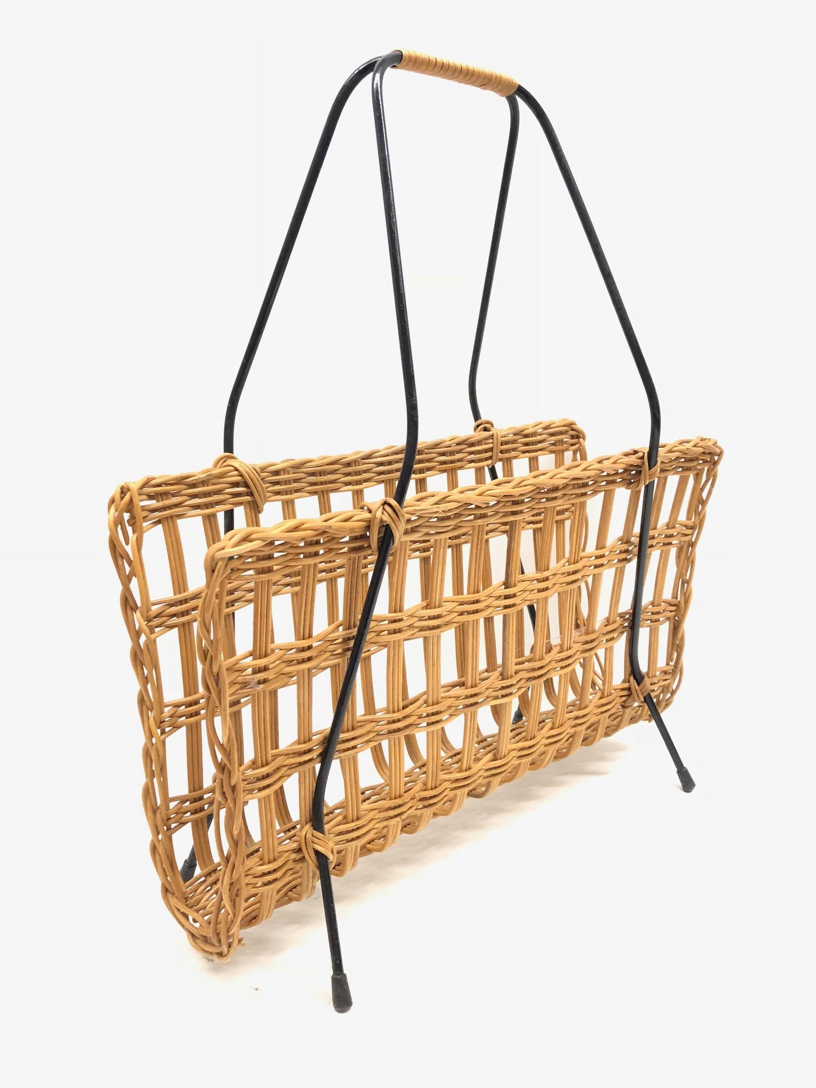 Hollywood Regency Mid-Century Modernist Wicker Magazine Rack Stand 1960s German