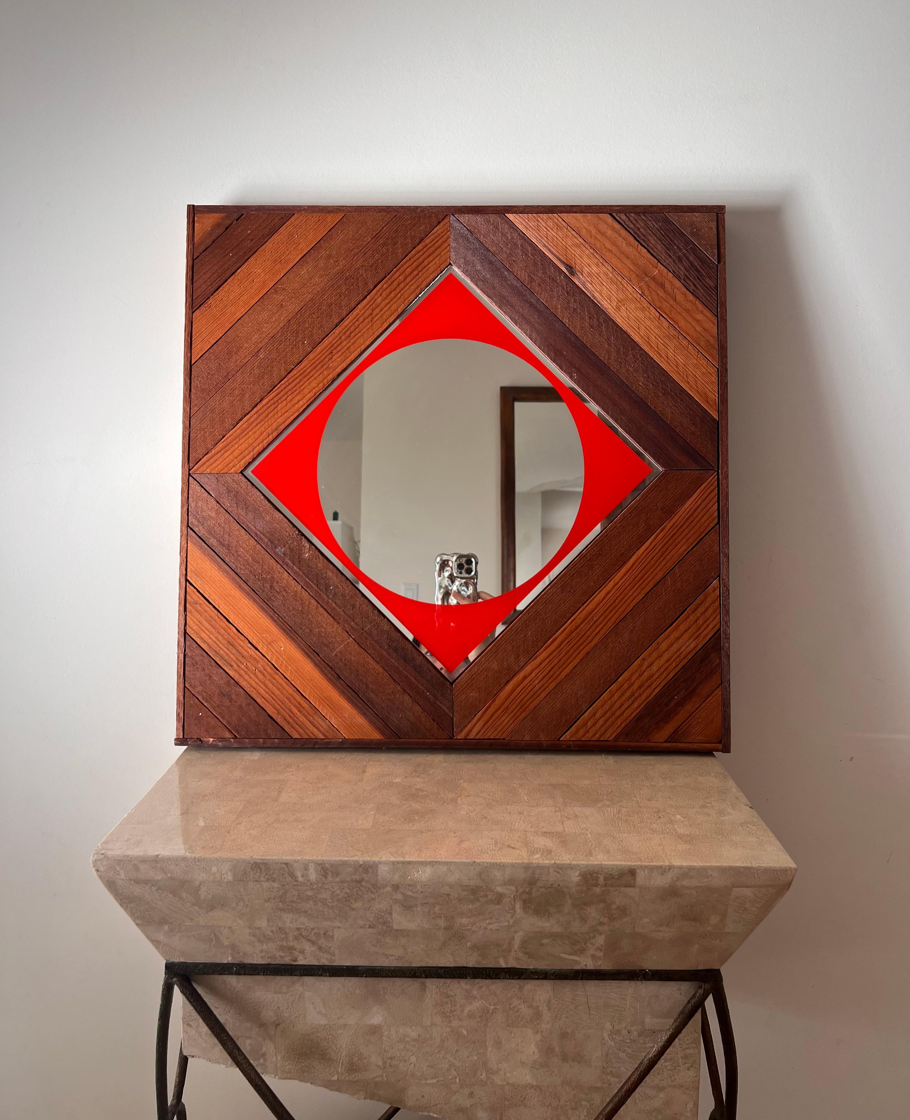 Mid century / modernist wood and red color block wall mirror, early 1960s For Sale 5