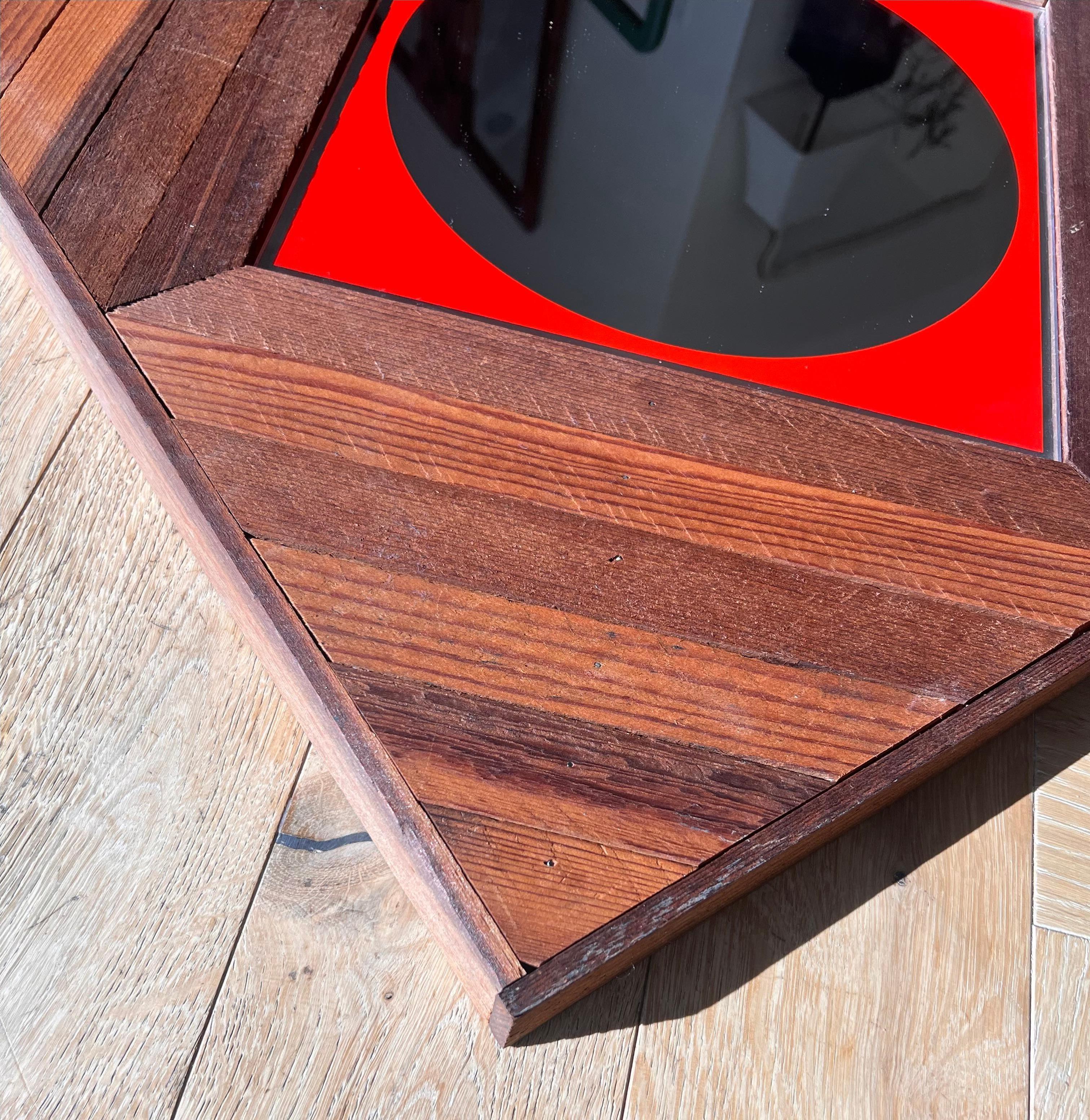 North American Mid century / modernist wood and red color block wall mirror, early 1960s For Sale