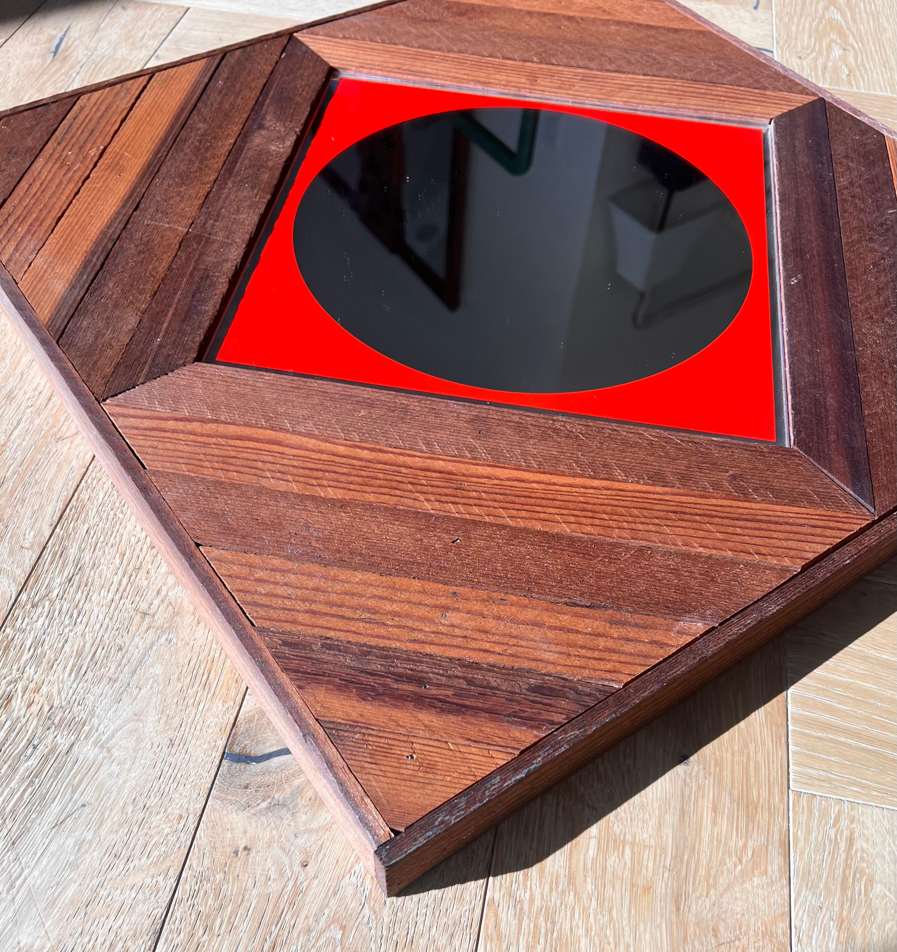Hand-Crafted Mid century / modernist wood and red color block wall mirror, early 1960s For Sale