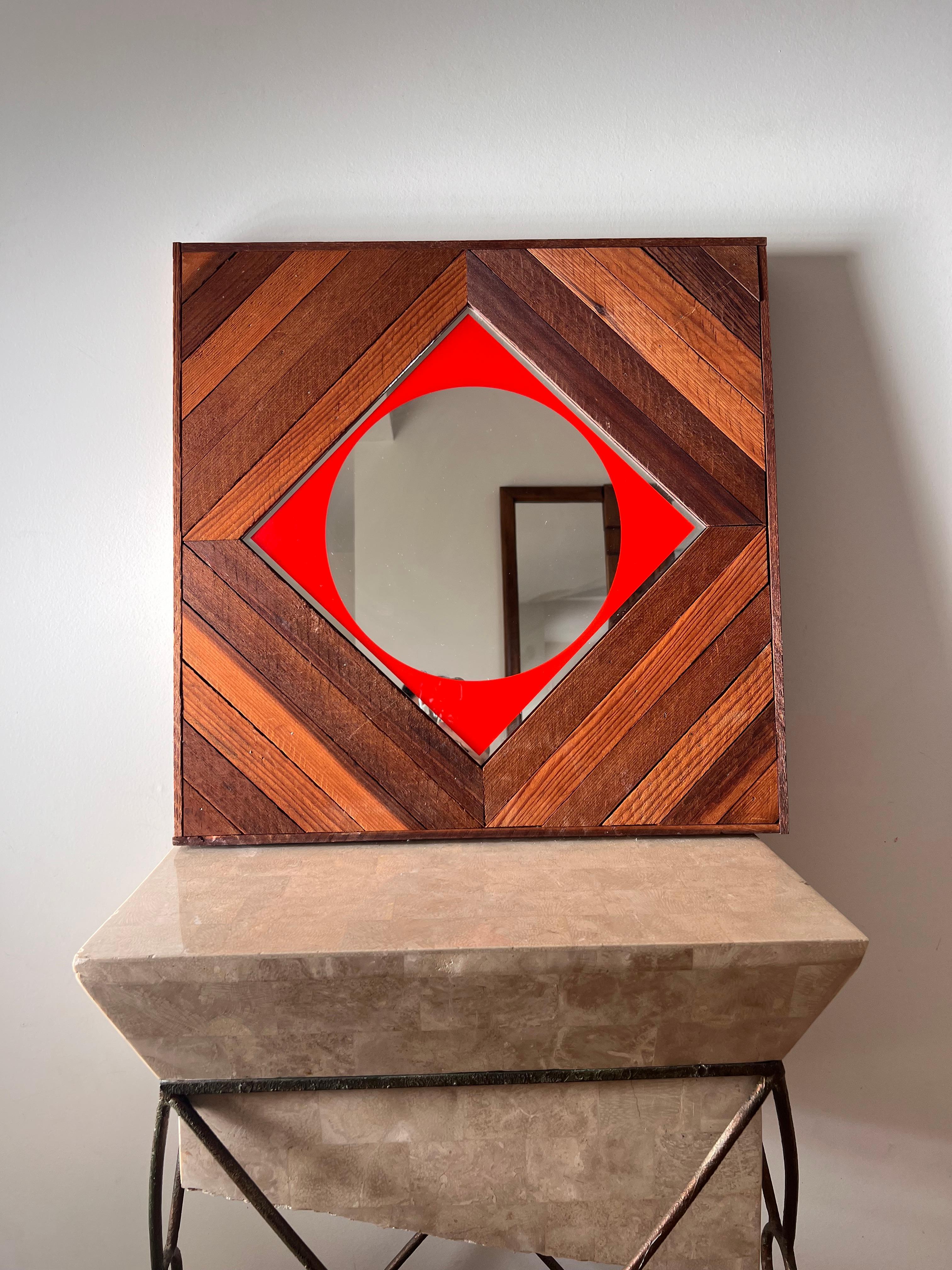 Mid century / modernist wood and red color block wall mirror, early 1960s In Good Condition For Sale In View Park, CA