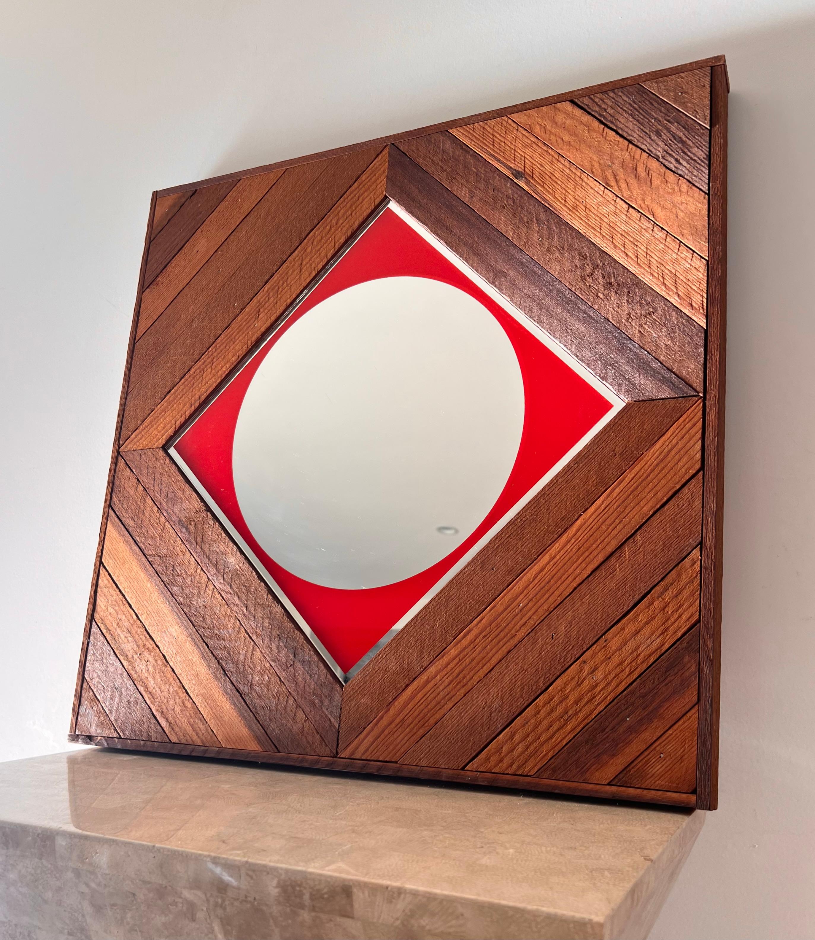 20th Century Mid century / modernist wood and red color block wall mirror, early 1960s For Sale