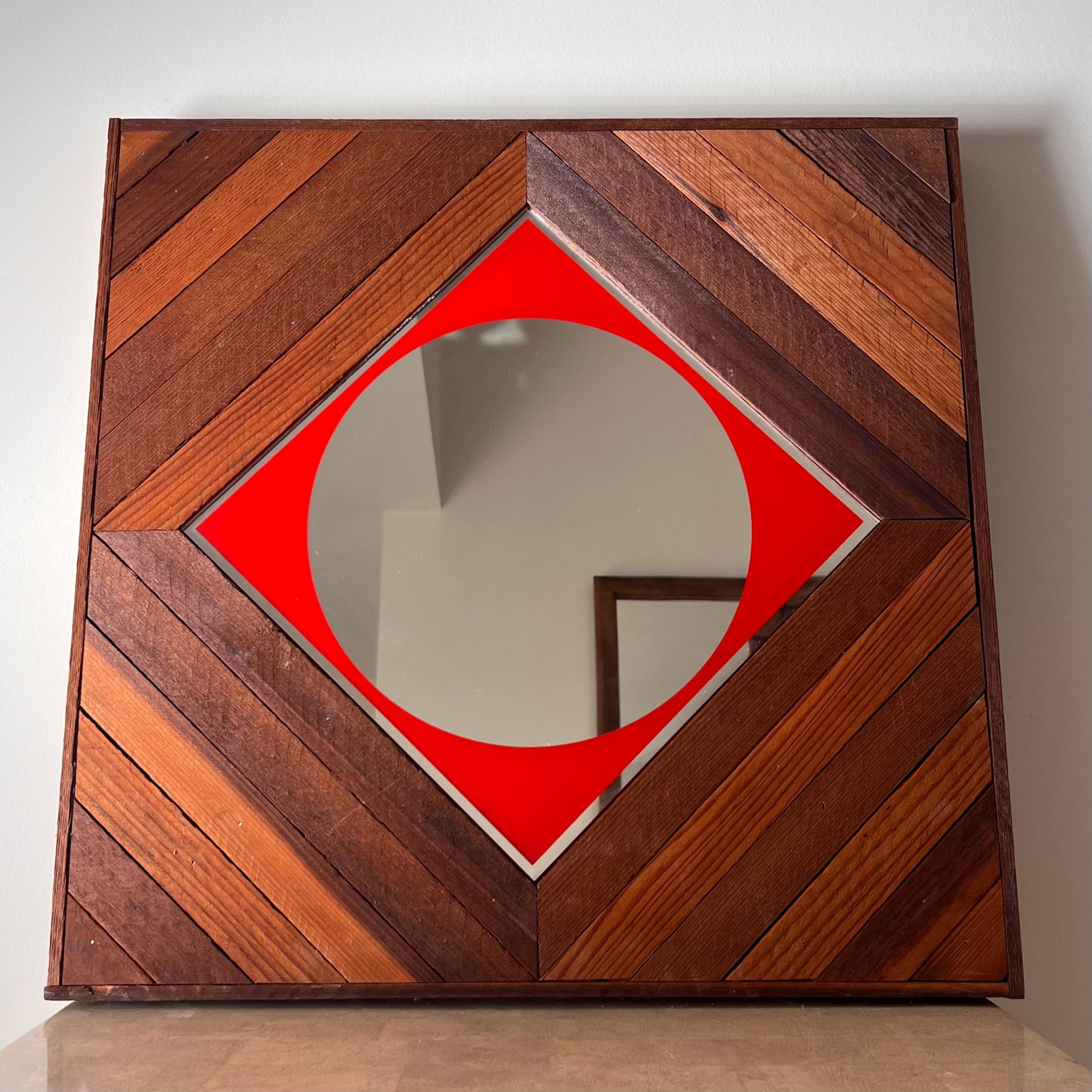 Mirror Mid century / modernist wood and red color block wall mirror, early 1960s For Sale