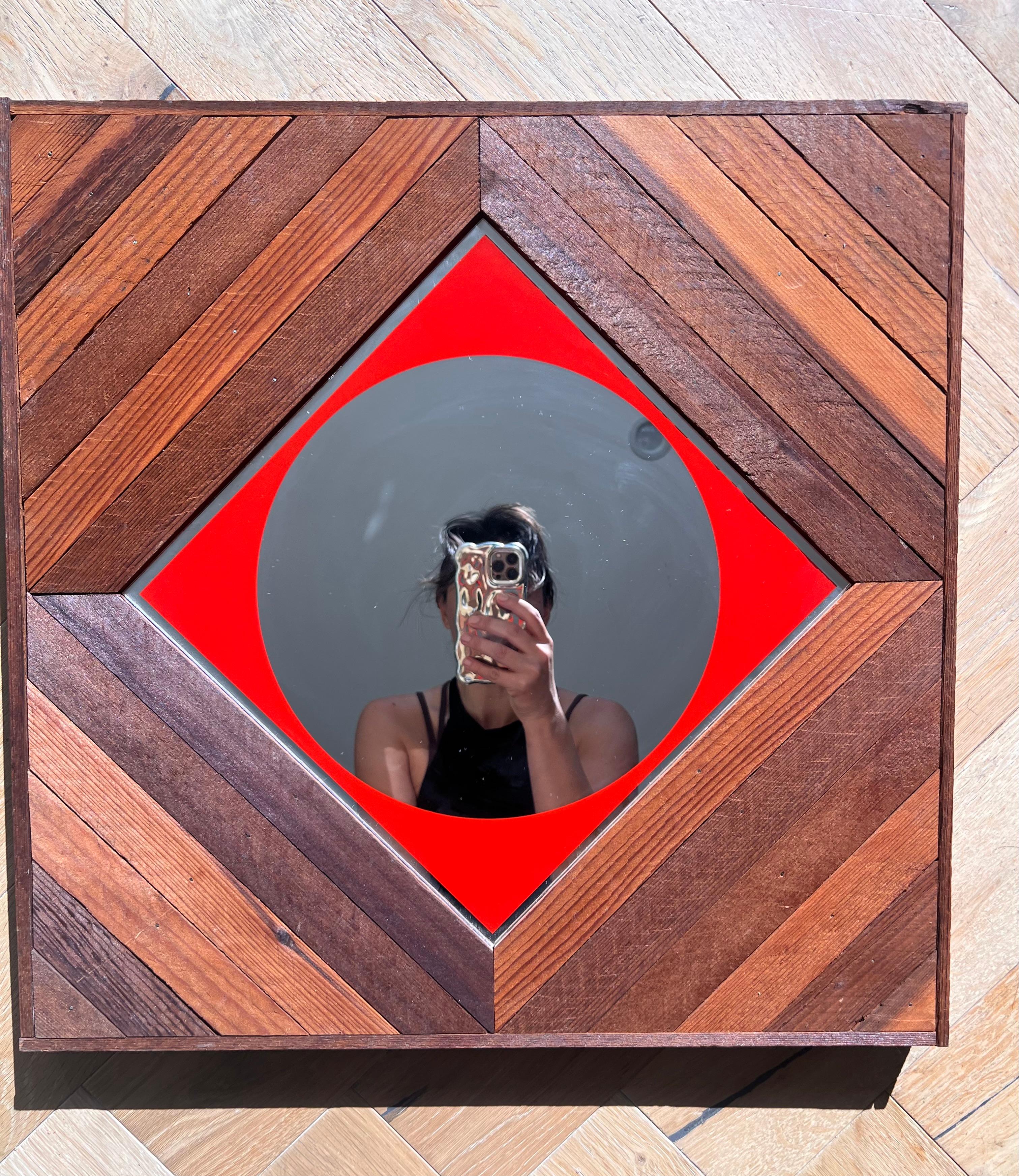 Mid century / modernist wood and red color block wall mirror, early 1960s For Sale 1
