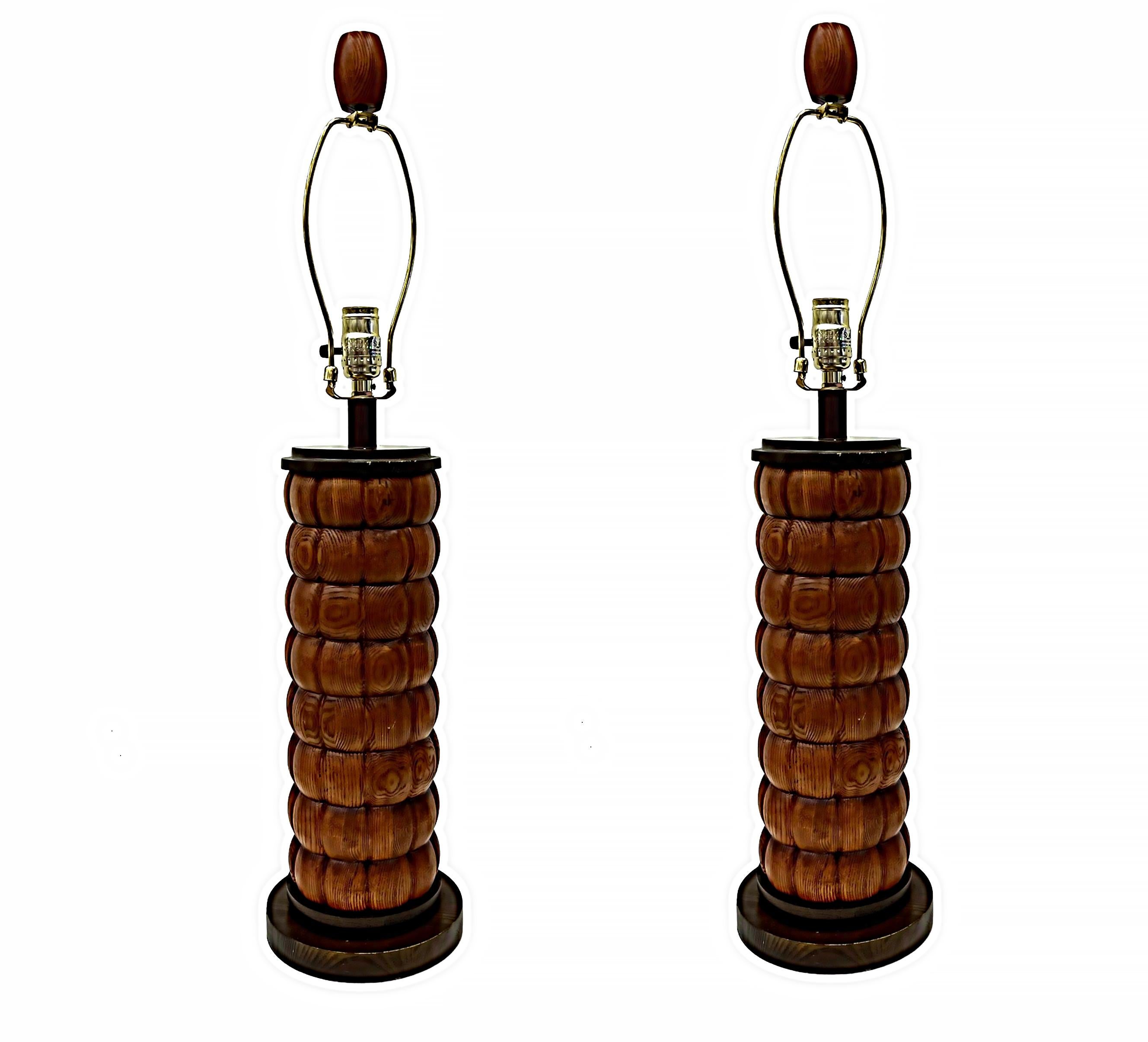 Carved Mid-Century Modernist Wood Table Lamps with New Shades, Pair For Sale