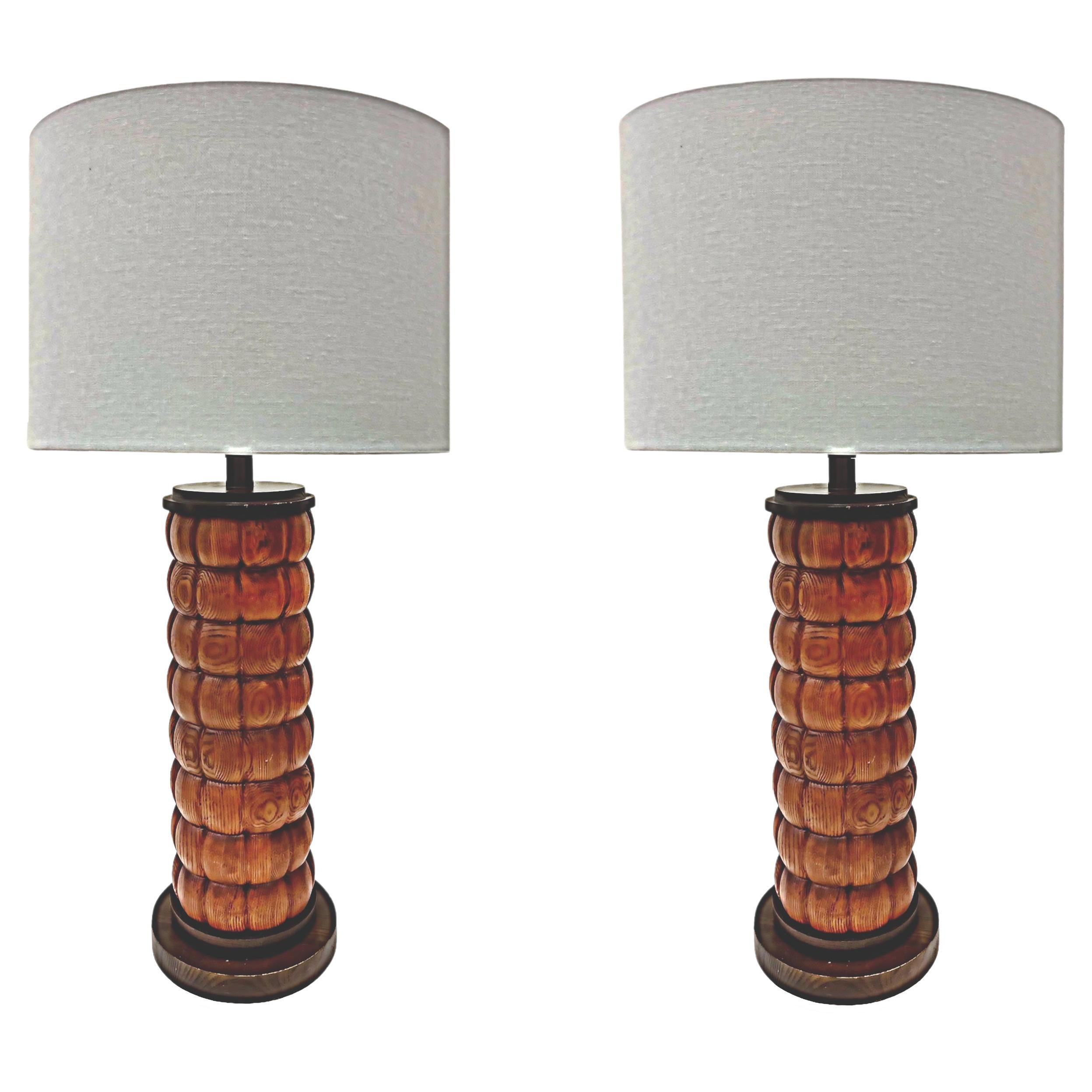 Mid-Century Modernist Wood Table Lamps with New Shades, Pair