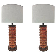 Retro Mid-Century Modernist Wood Table Lamps with New Shades, Pair