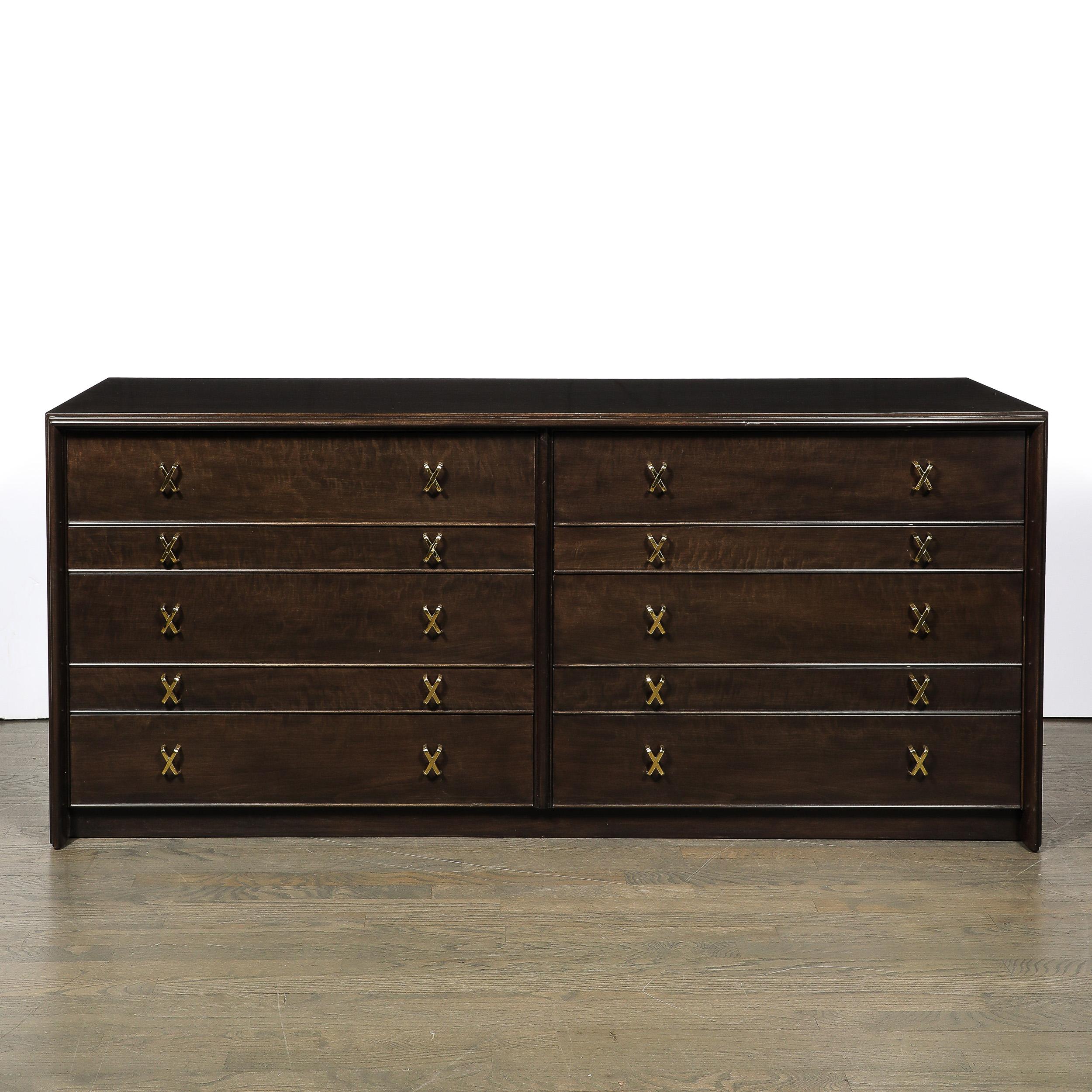 Brass Mid-Century Modernist X Form Low Chest  in Rich Brown Walnut by Paul Frankl For Sale