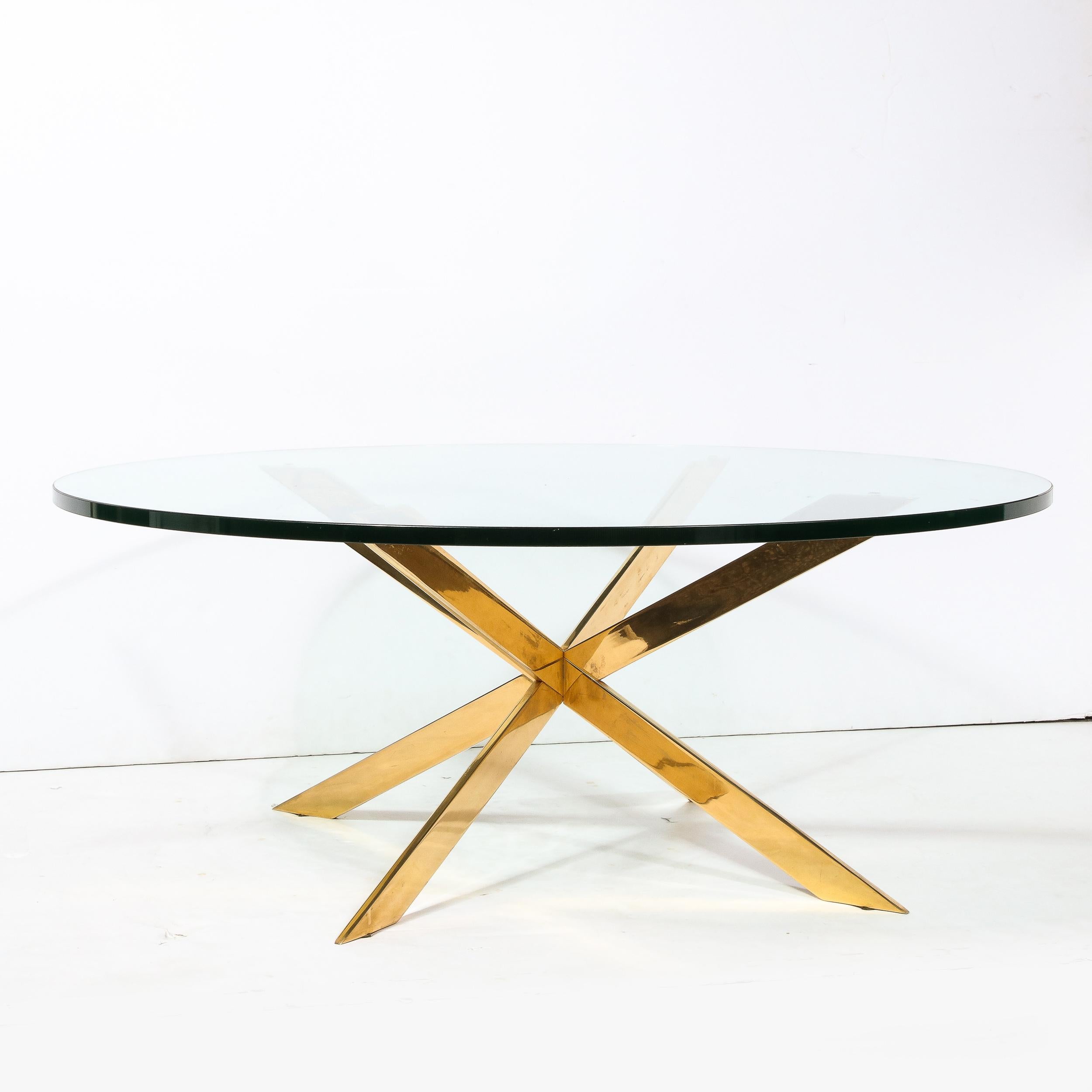 This Double X Base Cocktail Table by Leon Rosen for Pace is an excellent example of the use of minimalism and the strength of material finesse in Mid-Century modernist Design, originating from the United States Circa 1970. Featuring angled