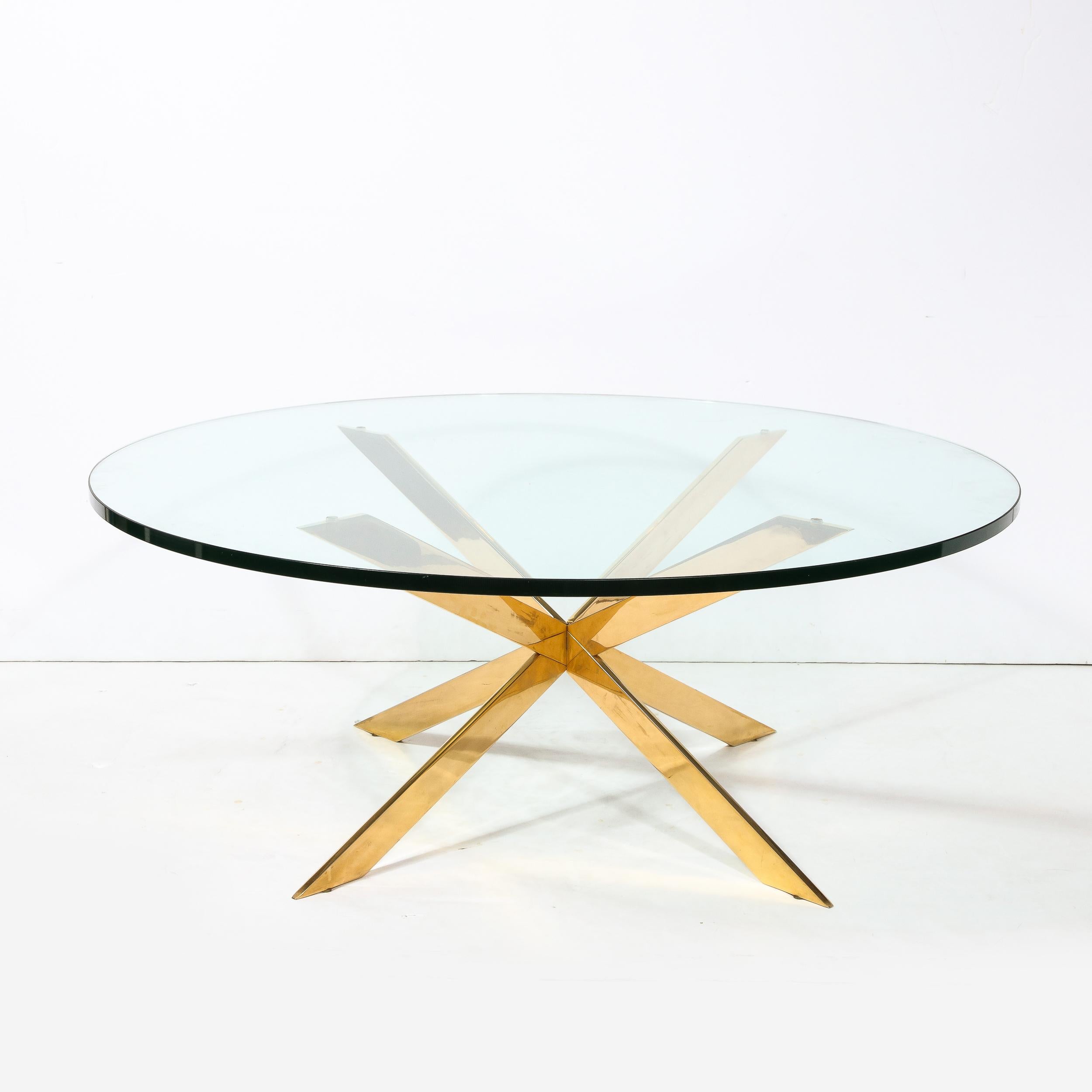 Mid-Century Modernist Double X Base Brass Cocktail Table  by Leon Rosen for Pace In Excellent Condition For Sale In New York, NY
