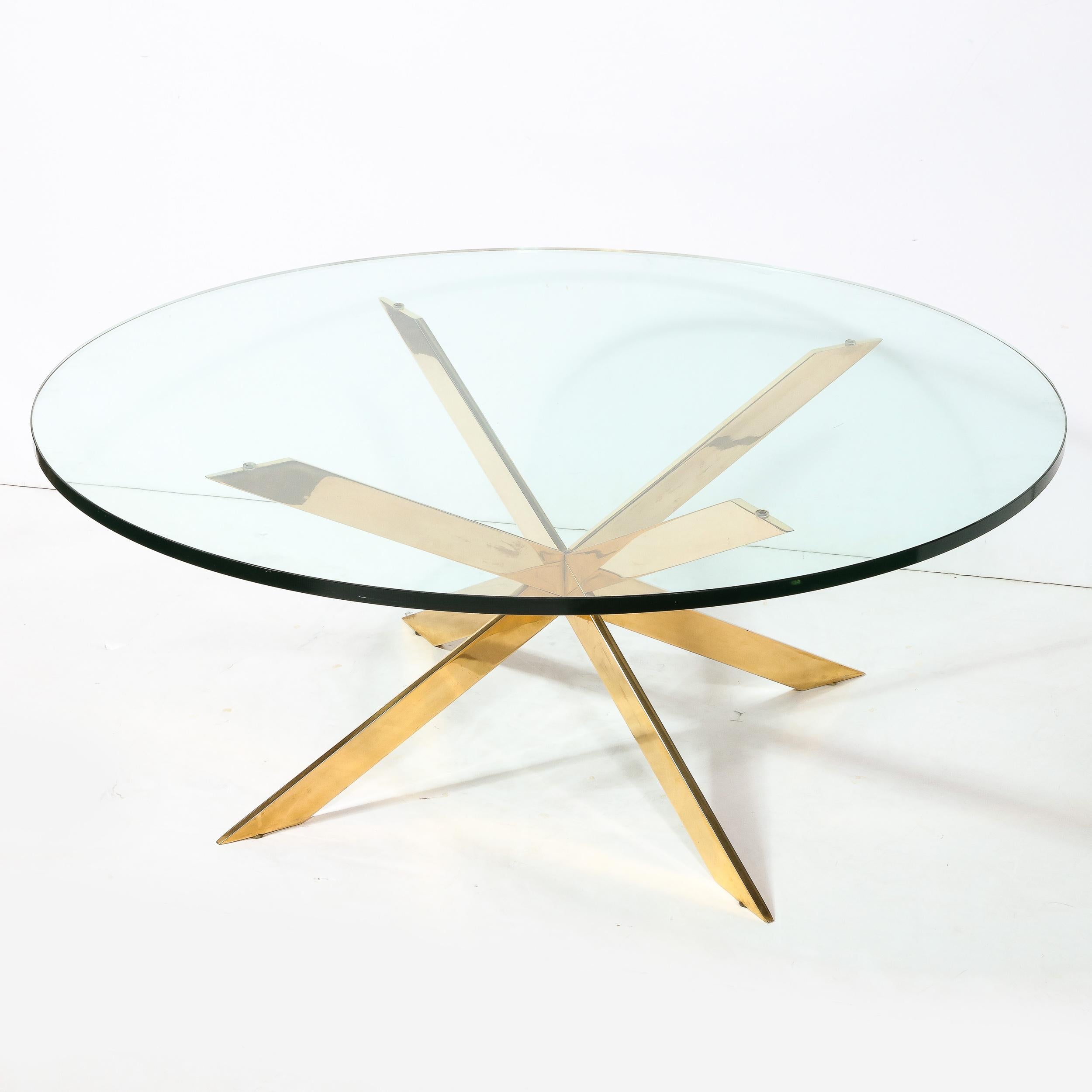 Mid-Century Modernist Double X Base Brass Cocktail Table  by Leon Rosen for Pace For Sale 1