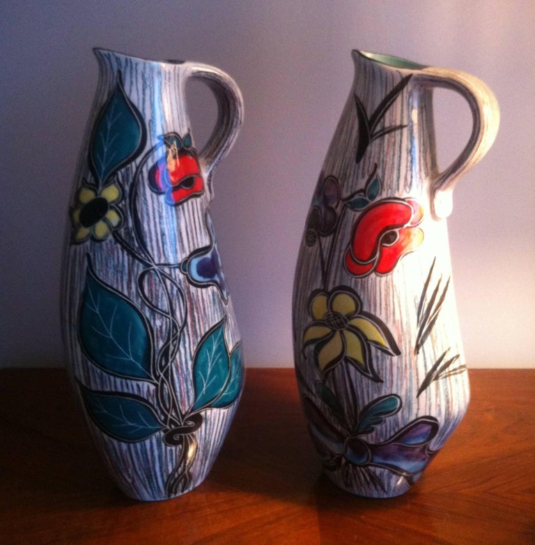 MidCentury Modern,Tall Pair of Ceramic French Pitchers Vase Signed