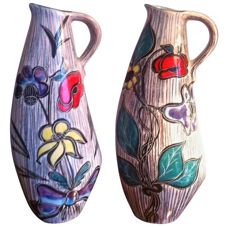 MidCentury Modern, Tall Pair of Ceramic French Pitchers Vase Signed