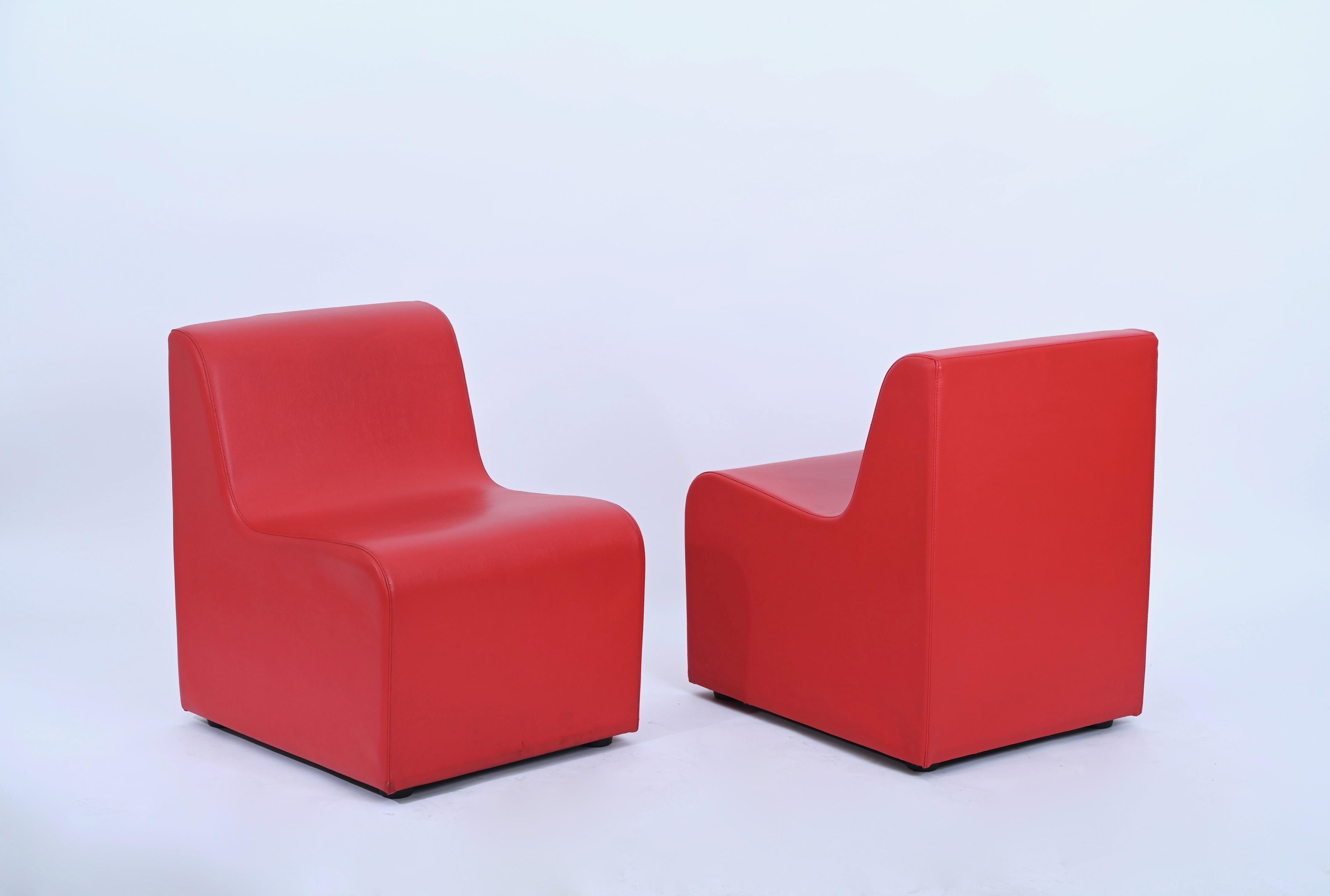 Mid-Century Modular Armchairs, Red Leatherette Living Room Set, Italy 1980s For Sale 5