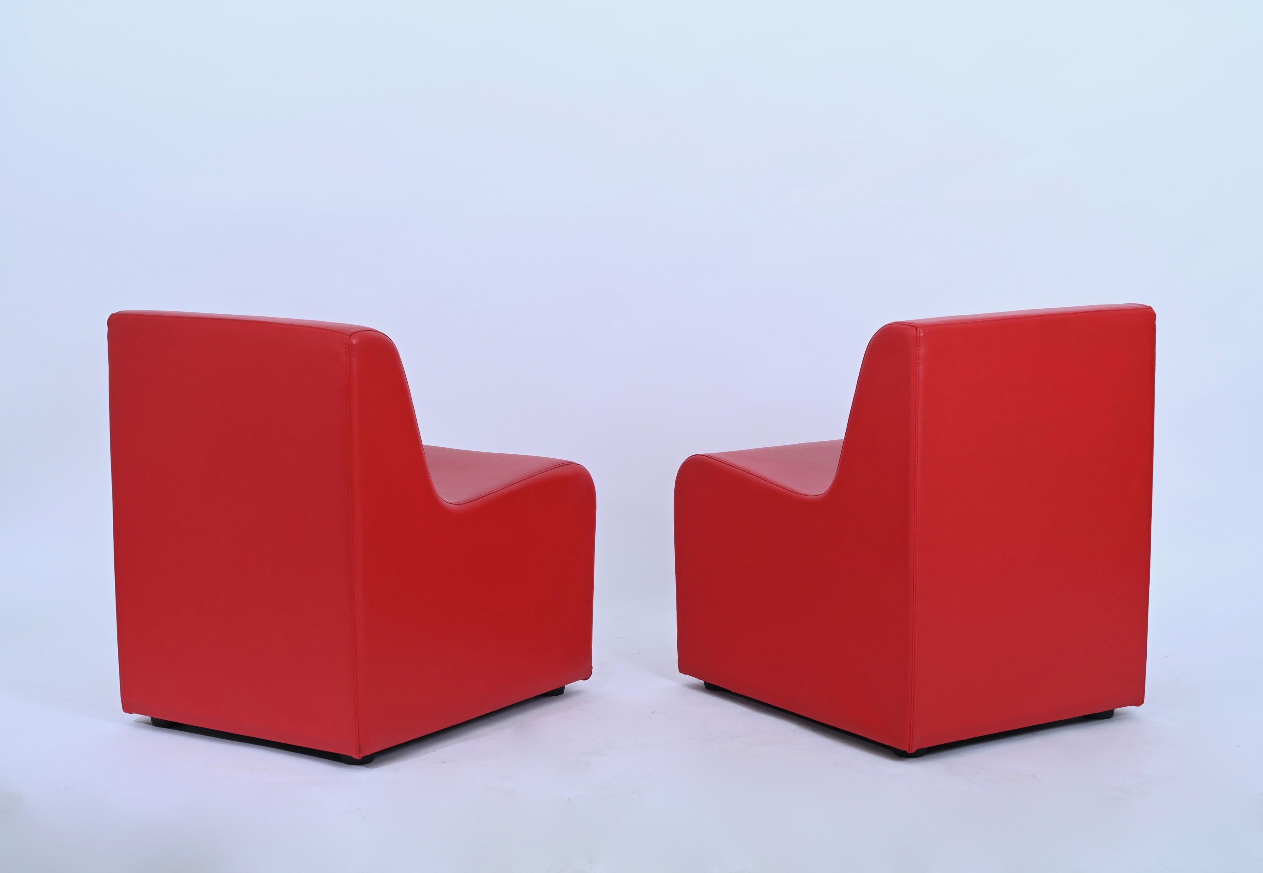 Mid-Century Modular Armchairs, Red Leatherette Living Room Set, Italy 1980s For Sale 6