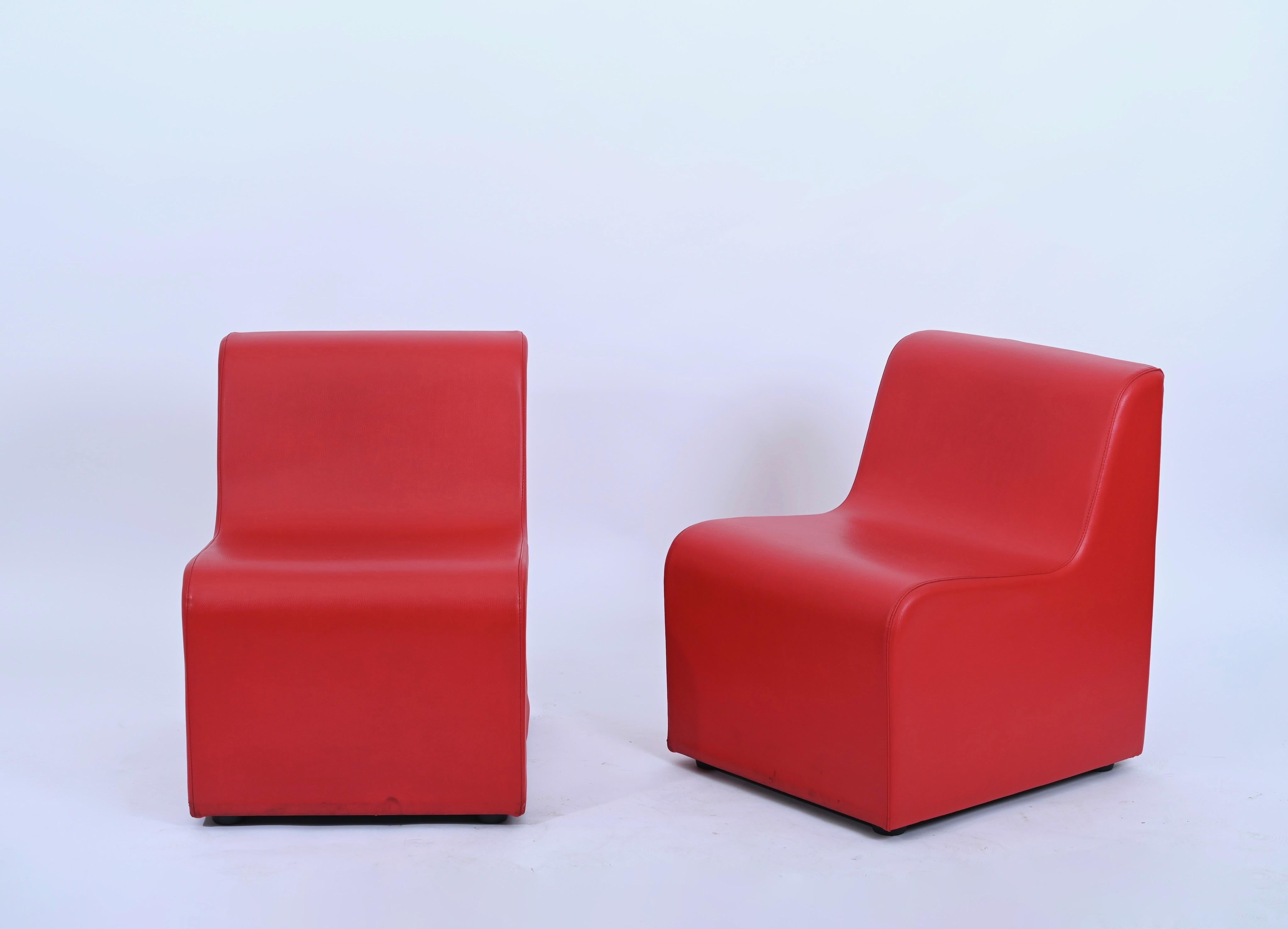 Mid-Century Modular Armchairs, Red Leatherette Living Room Set, Italy 1980s For Sale 1