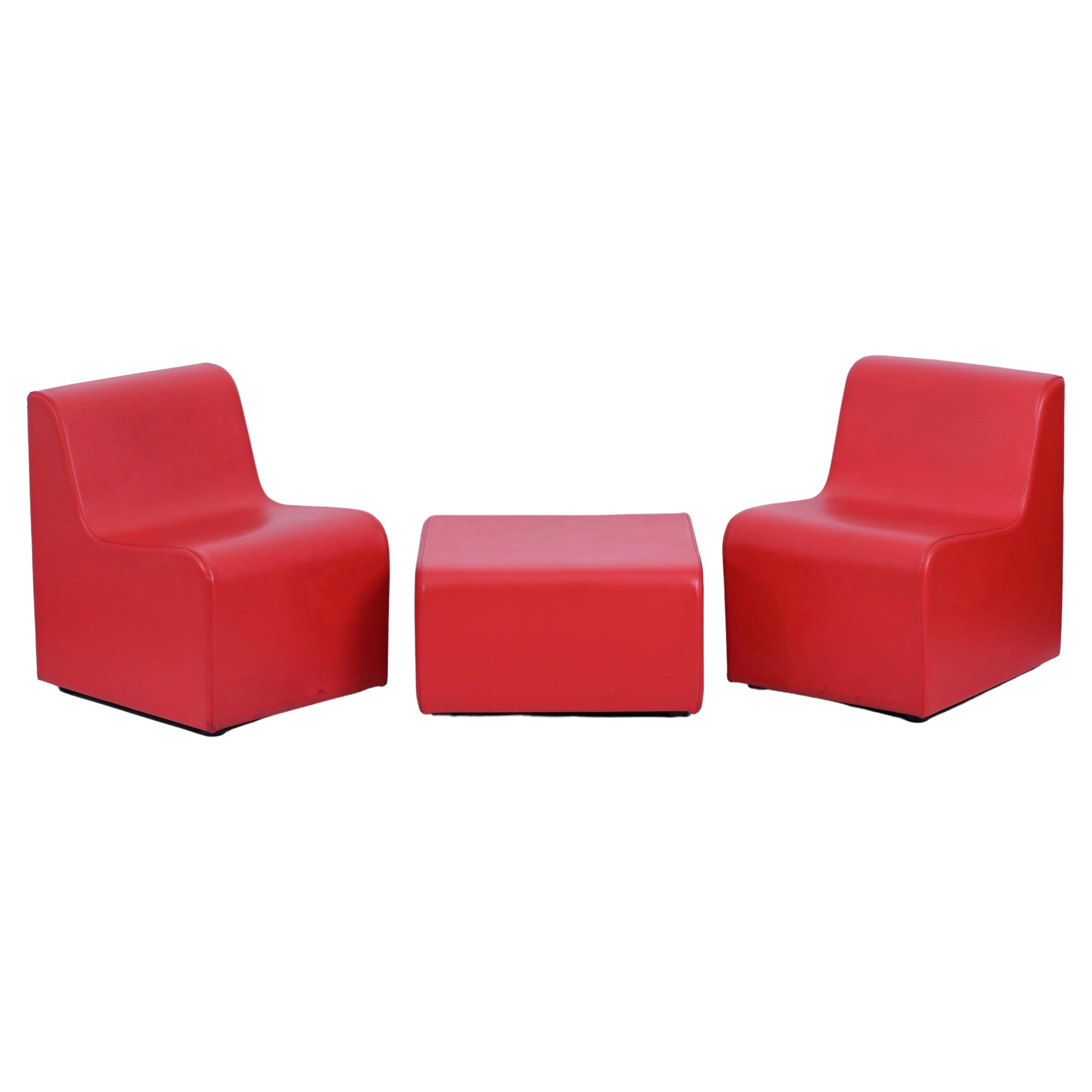 Mid-Century Modular Armchairs, Red Leatherette Living Room Set, Italy 1980s For Sale