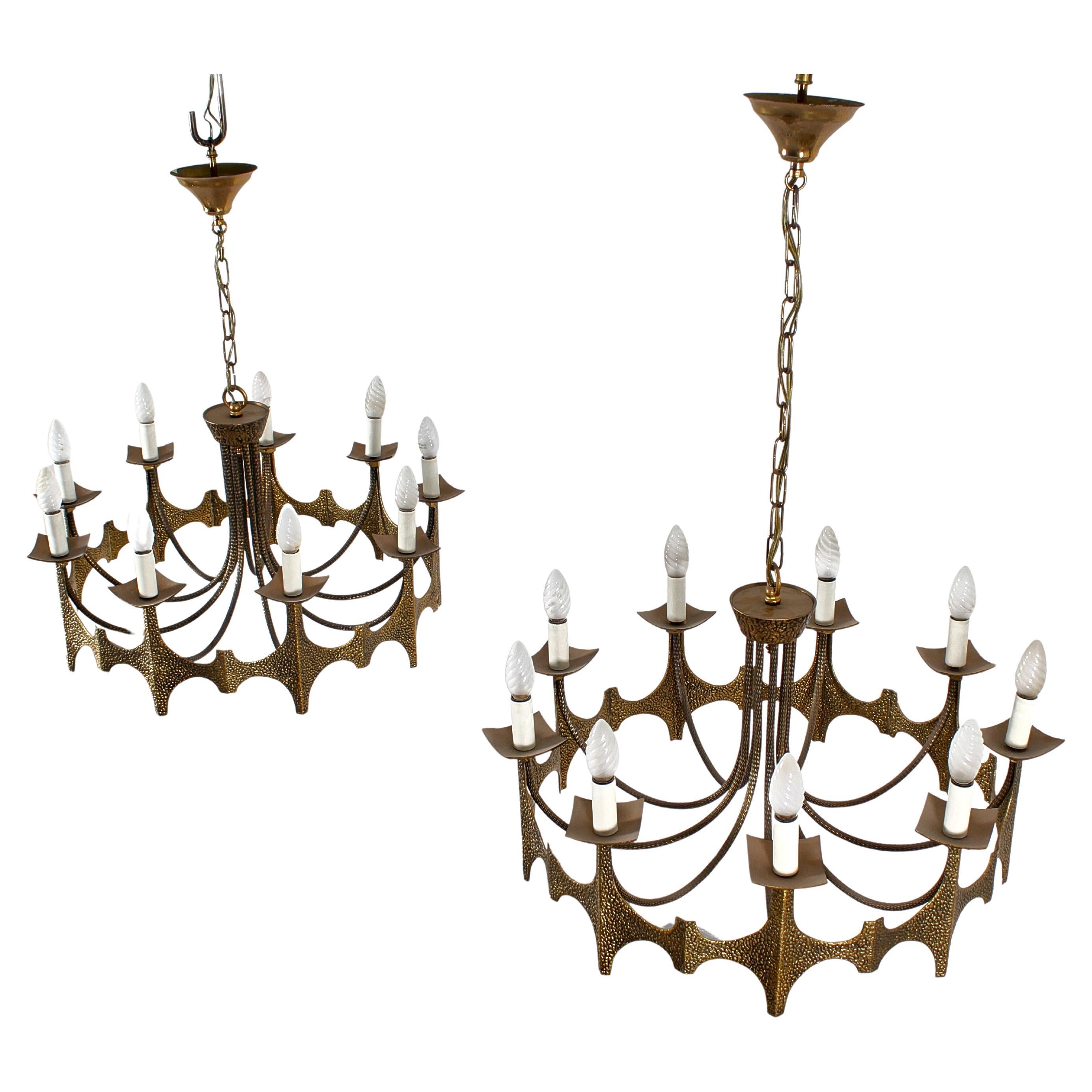 Mid-Century Modern Mid-Century Moe Bridge Style set of 2 Brutalist Brass Chandelier 60s Italy