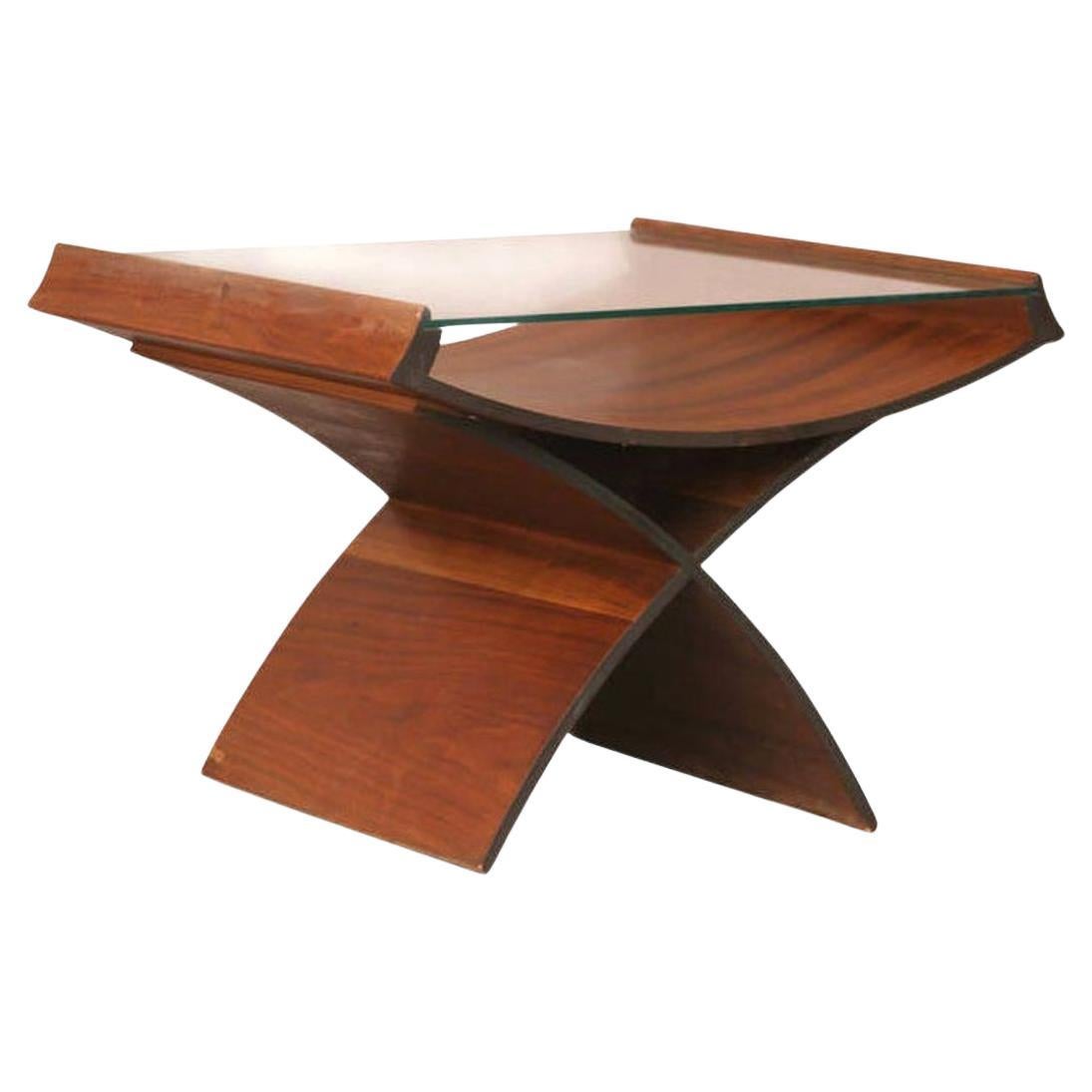 Table d'appoint en contreplaqué moulé sculpturale en forme de sablier du milieu du siècle avec plateau en verre
