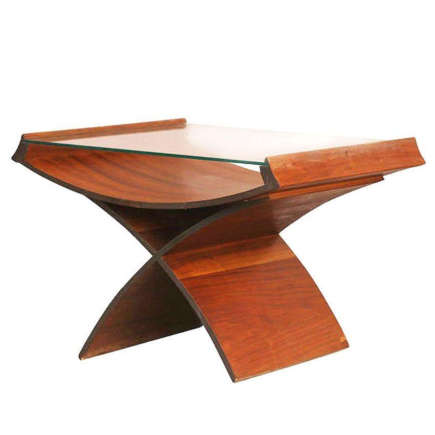 Mid-Century Modern Table d'appoint en contreplaqué moulé sculpturale du milieu du siècle avec plateau en verre en vente