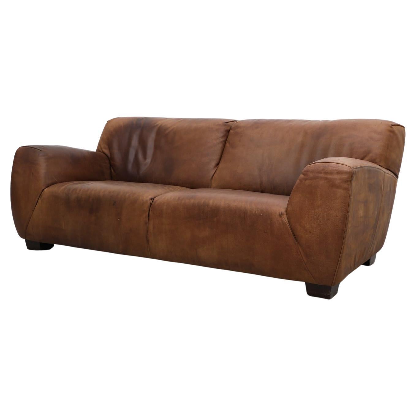 Mid-Century Molinari Italian Cognac Leather Sofa
