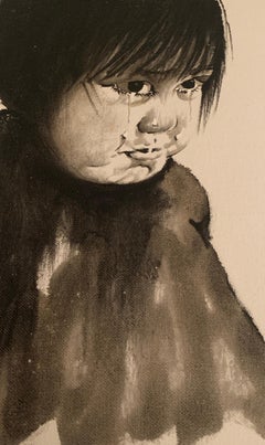 Mid-Century Monochromatic Inuit Folk Art Portrait of an Arctic Child, 1960's