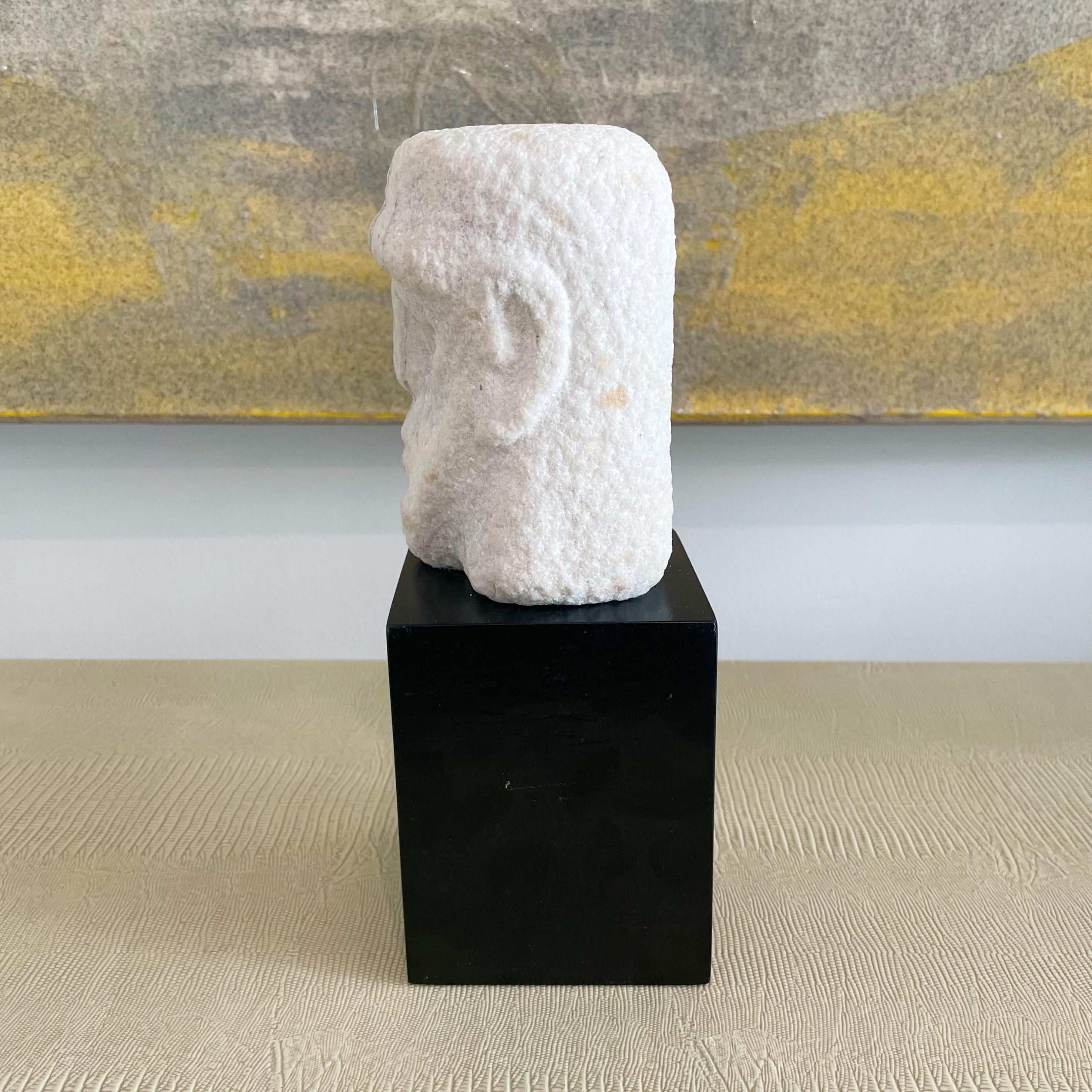 Unknown Mid Century Monolithic White Marble Head Sculpture on Wood Plinth Base Signed Ta