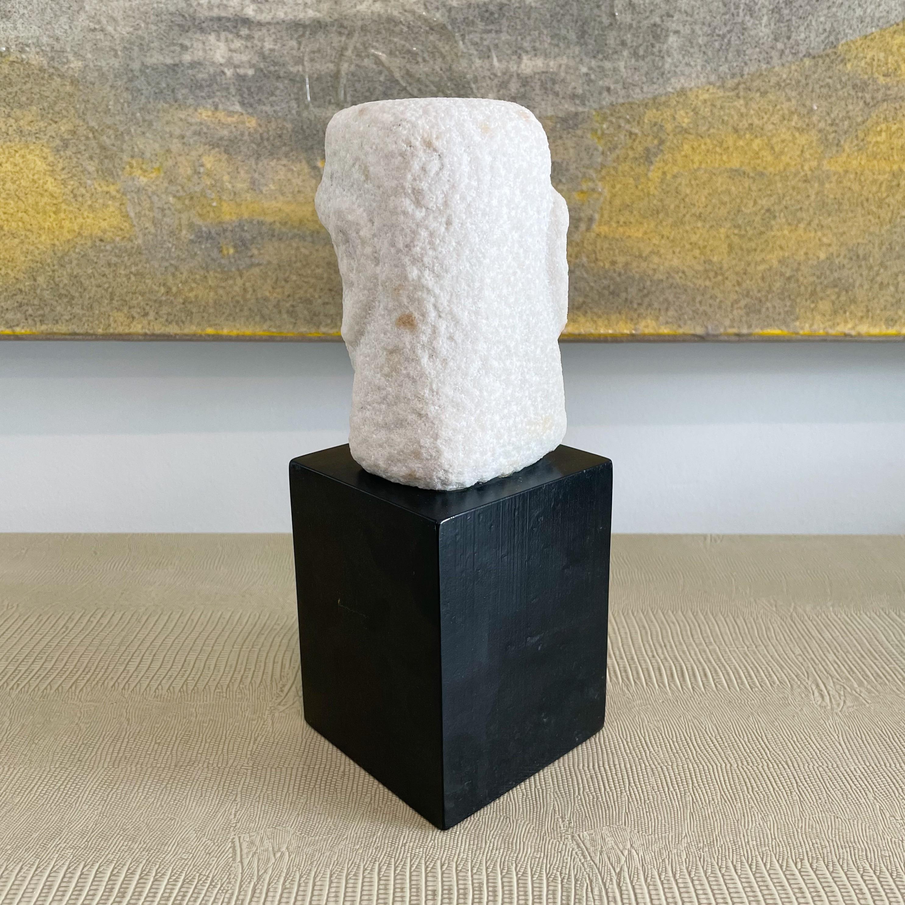 Hand-Carved Mid Century Monolithic White Marble Head Sculpture on Wood Plinth Base Signed Ta