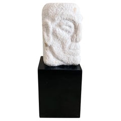 Mid Century Monolithic White Marble Head Sculpture on Wood Plinth Base Signed Ta