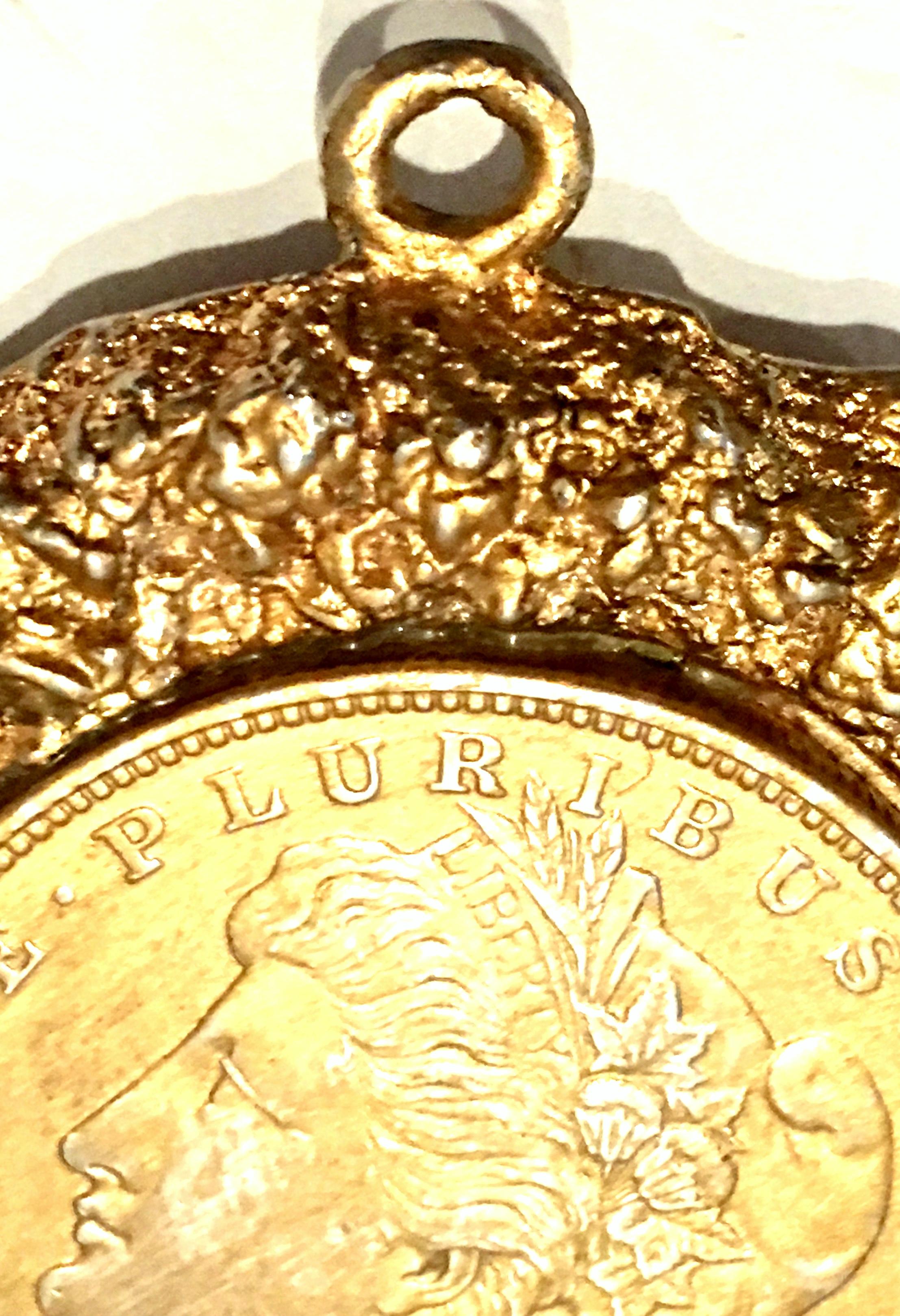 Mid-Century Monumental 1921 Gold Plate Silver US Morgan Dollar Necklace Pendant 3