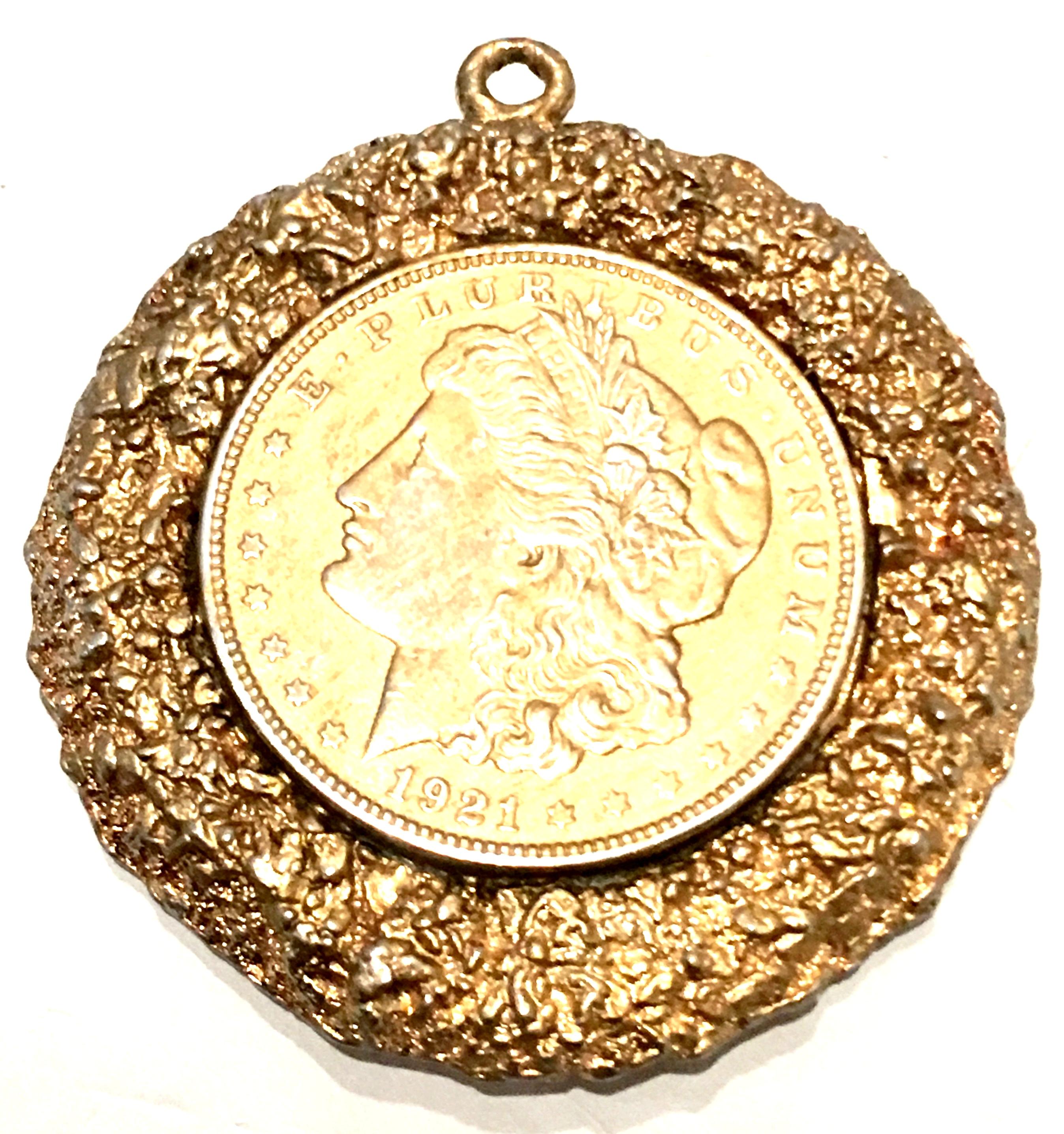 Mid-Century Monumental 1921 Gold Plate Silver US Morgan Dollar Coin Necklace Pendant By, WLP.  Features an authentic gold plate silver 1921 US Morgan Dollar coin bezel set and surrounded by 