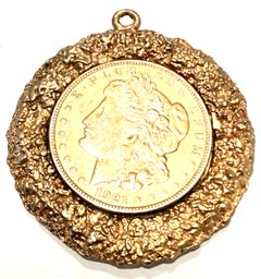 Mid-Century Monumental 1921 Gold Plate Silver US Morgan Dollar Necklace Pendant