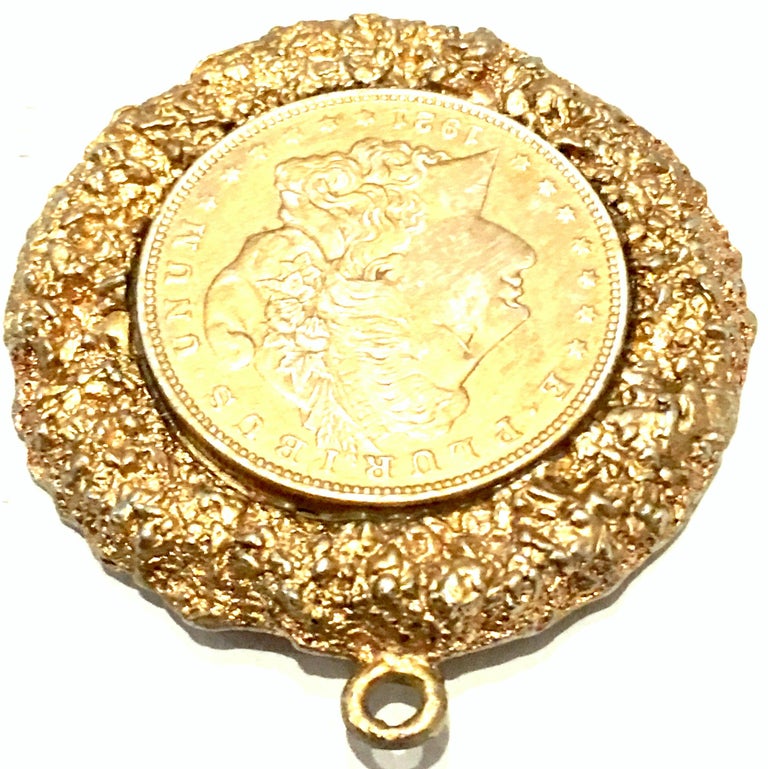 Women's or Men's Mid-Century Monumental 1921 Gold Plate Silver US Morgan Dollar Necklace Pendant  For Sale