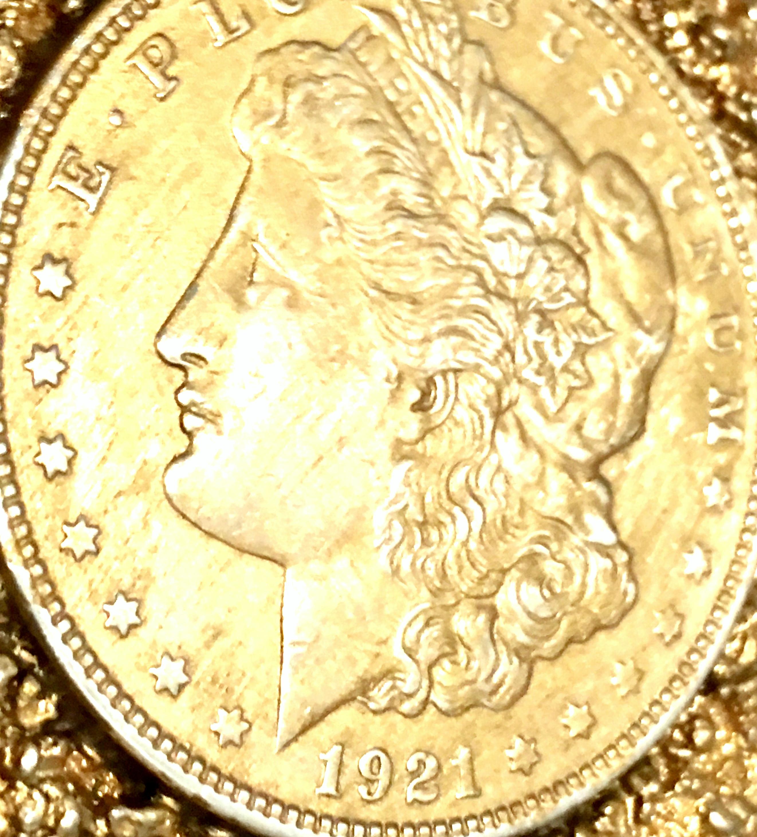 Mid-Century Monumental 1921 Gold Plate Silver US Morgan Dollar Necklace Pendant  For Sale 1