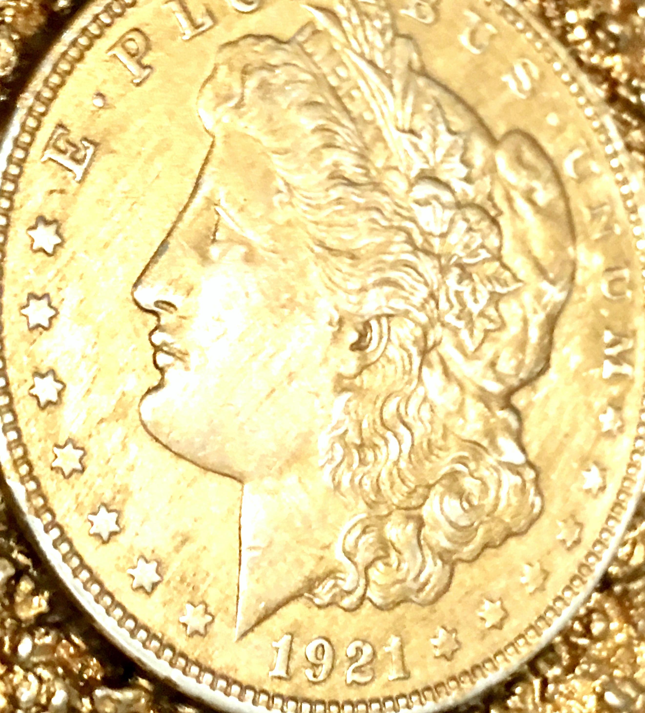 Mid-Century Monumental 1921 Gold Plate Silver US Morgan Dollar Necklace Pendant 1