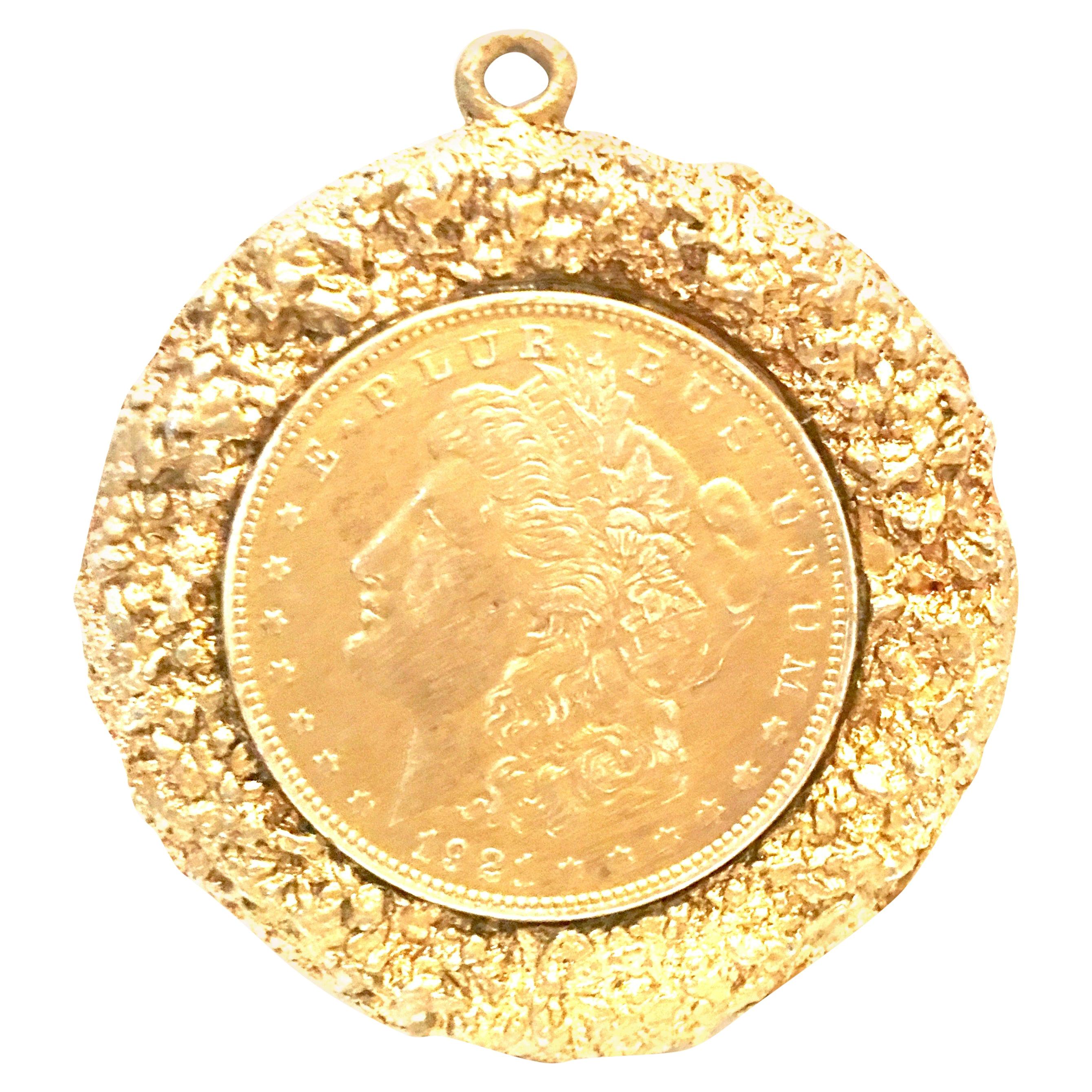 Mid-Century Monumental 1921 Gold Plate Silver US Morgan Dollar Necklace Pendant  For Sale