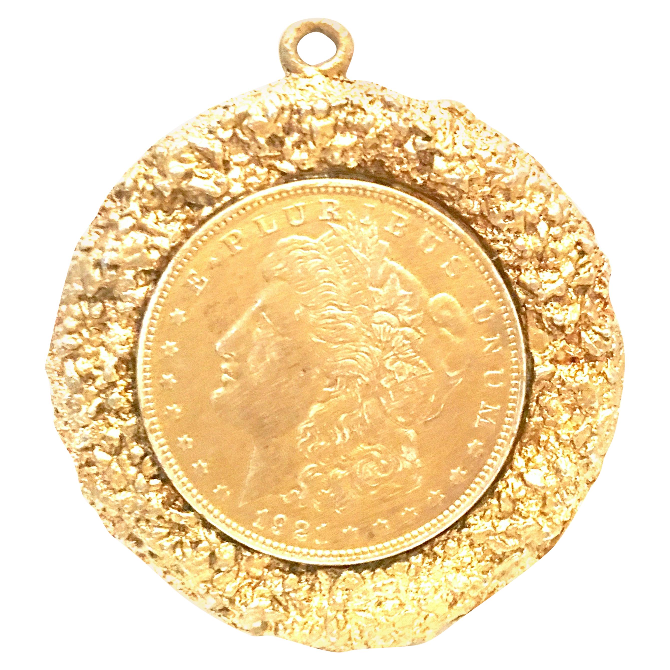 Mid-Century Monumental 1921 Gold Plate Silver US Morgan Dollar Necklace Pendant  For Sale