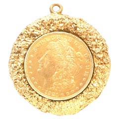 Mid-Century Monumental 1921 Gold Plate Silver US Morgan Dollar Necklace Pendant 
