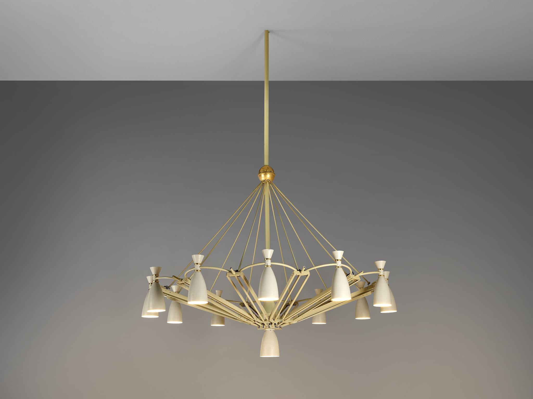 Chandelier, lacquered metal, brass, the Netherlands, 1960s

Monumental, bright and very large chandelier. This light is made in the Netherlands in the 1960s. Designed to provide a bright enough light source for a grand space, this light has twelve