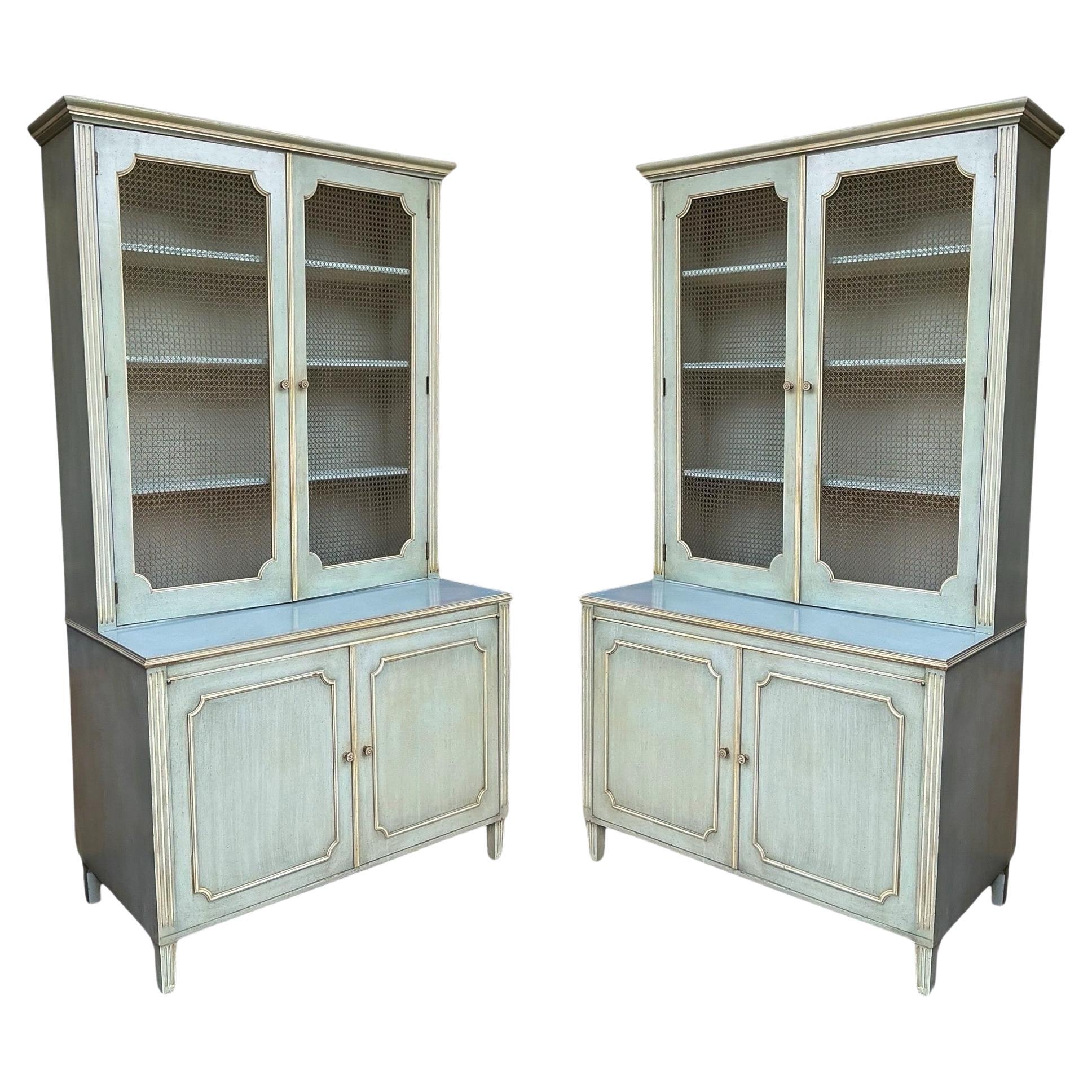 Mid-Century Monumental French Blue And Cream Painted Cabinets - Pair For Sale