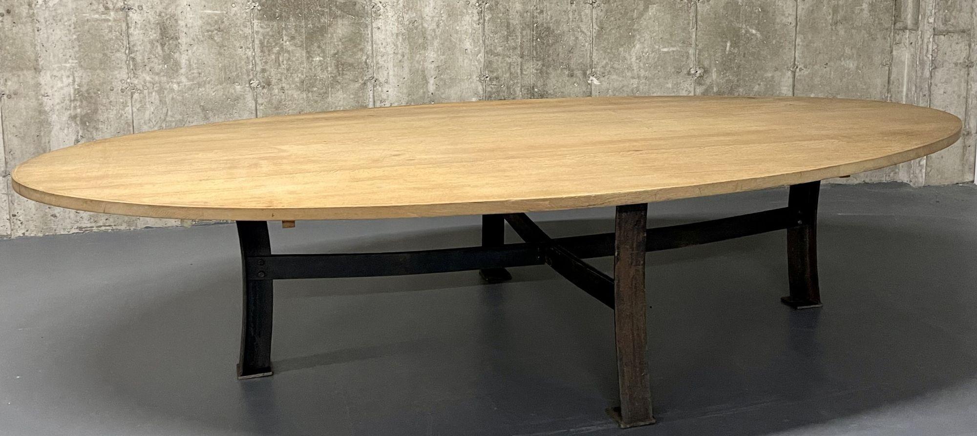 Mid Century Monumental Industrial Dining, Conference Table, Oak, Steel, American In Good Condition For Sale In Stamford, CT