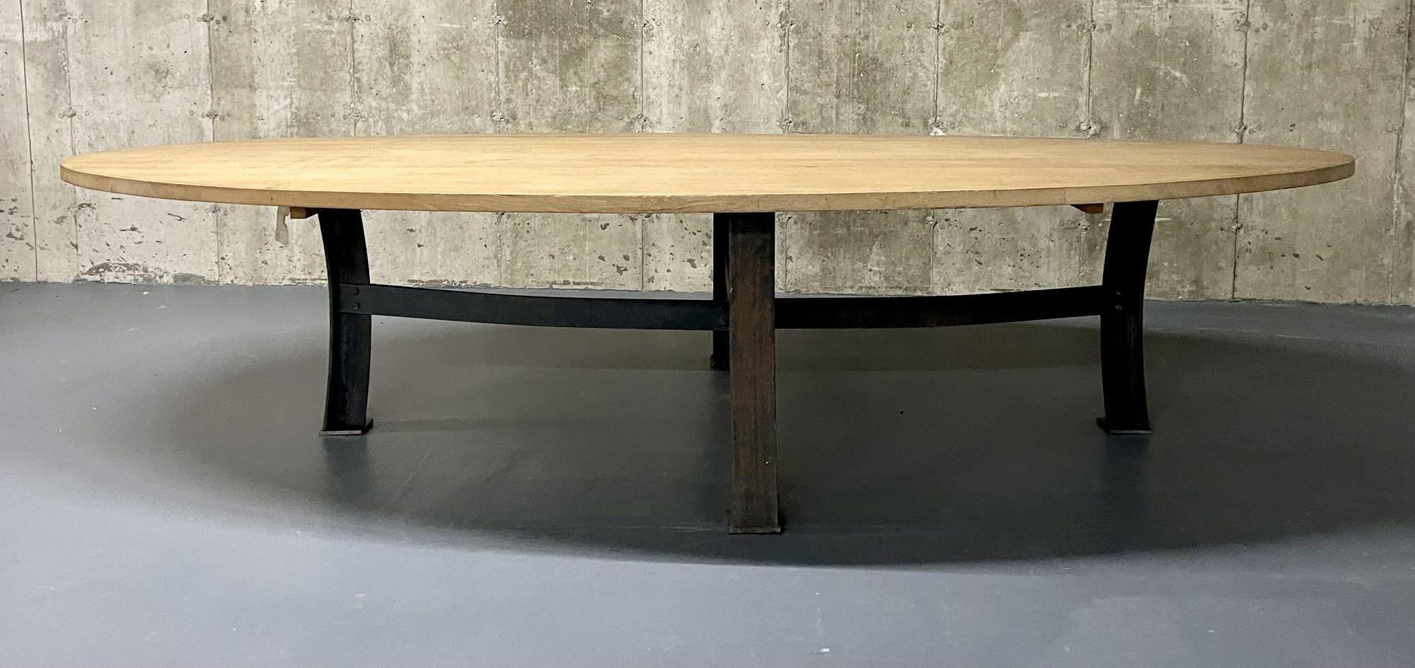 20th Century Mid Century Monumental Industrial Dining, Conference Table, Oak, Steel, American For Sale
