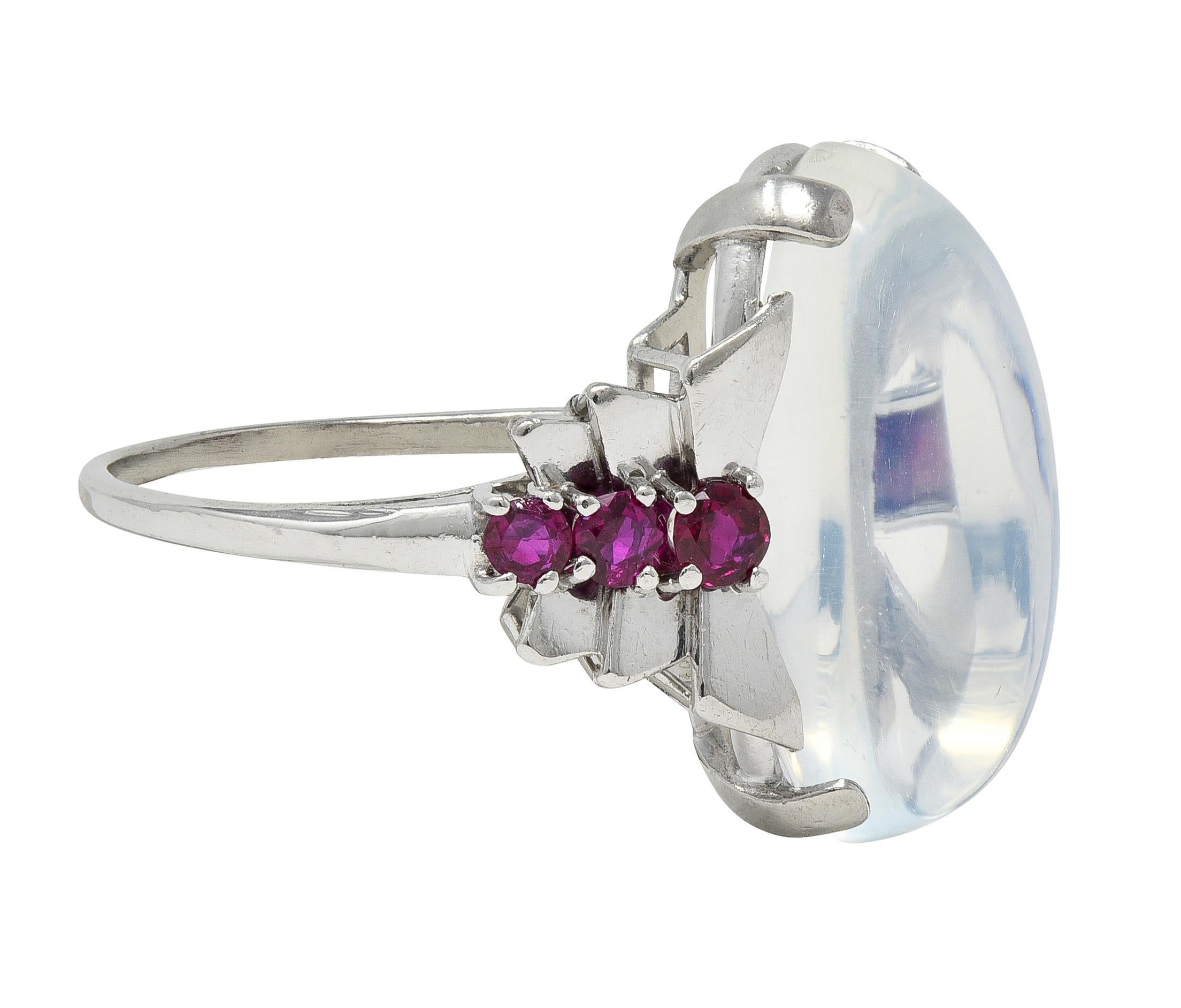 Moderno Mid-Century Moonstone Ruby Platinum Vintage Cocktail Ring in vendita