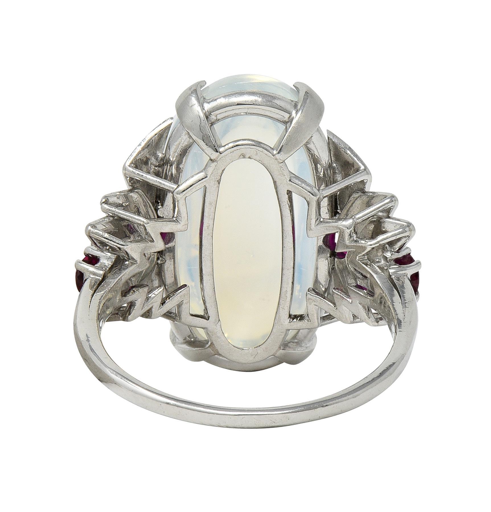 Mid-Century Moonstone Ruby Platinum Vintage Cocktail Ring In condizioni ottime in vendita a Philadelphia, PA