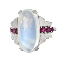 Mid-Century Moonstone Ruby Platinum Vintage Cocktail Ring