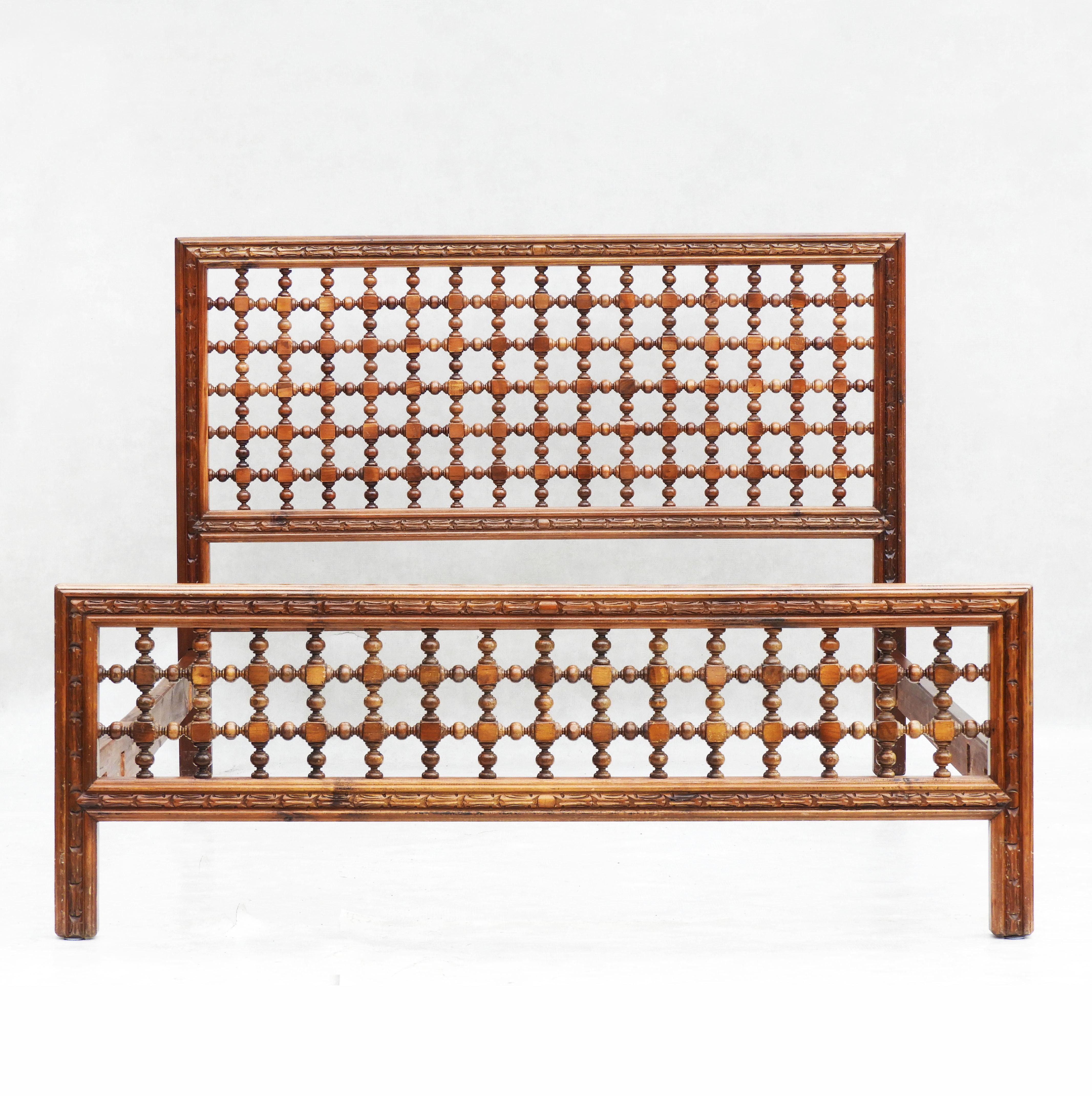 Hand-Carved Mid Century Moorish Bobbin Wood Bed c1950s Spain US Queen/UK King