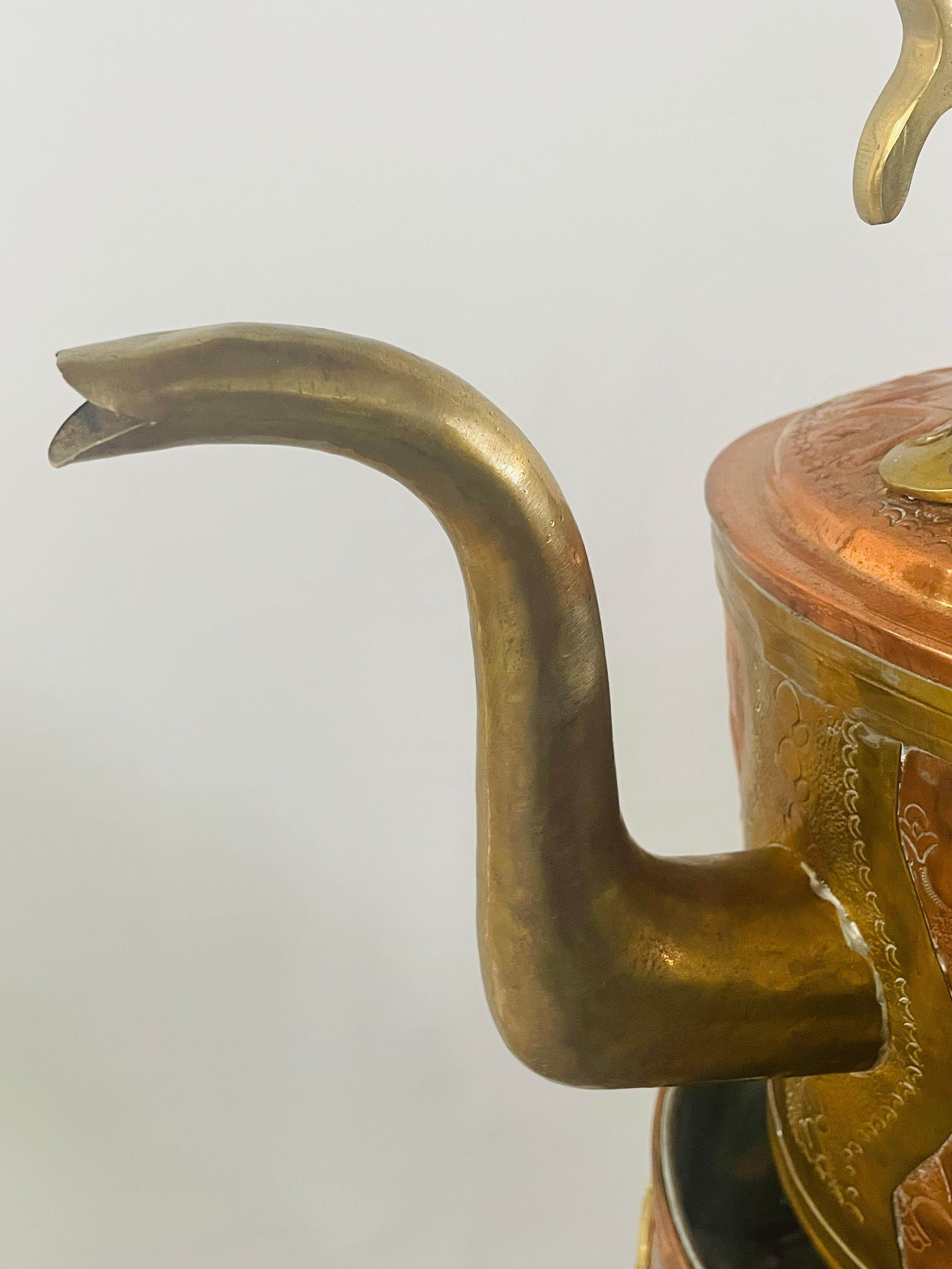 Mid-Century Moorish Brass and Copper Tea Pot on Kettle  For Sale 3