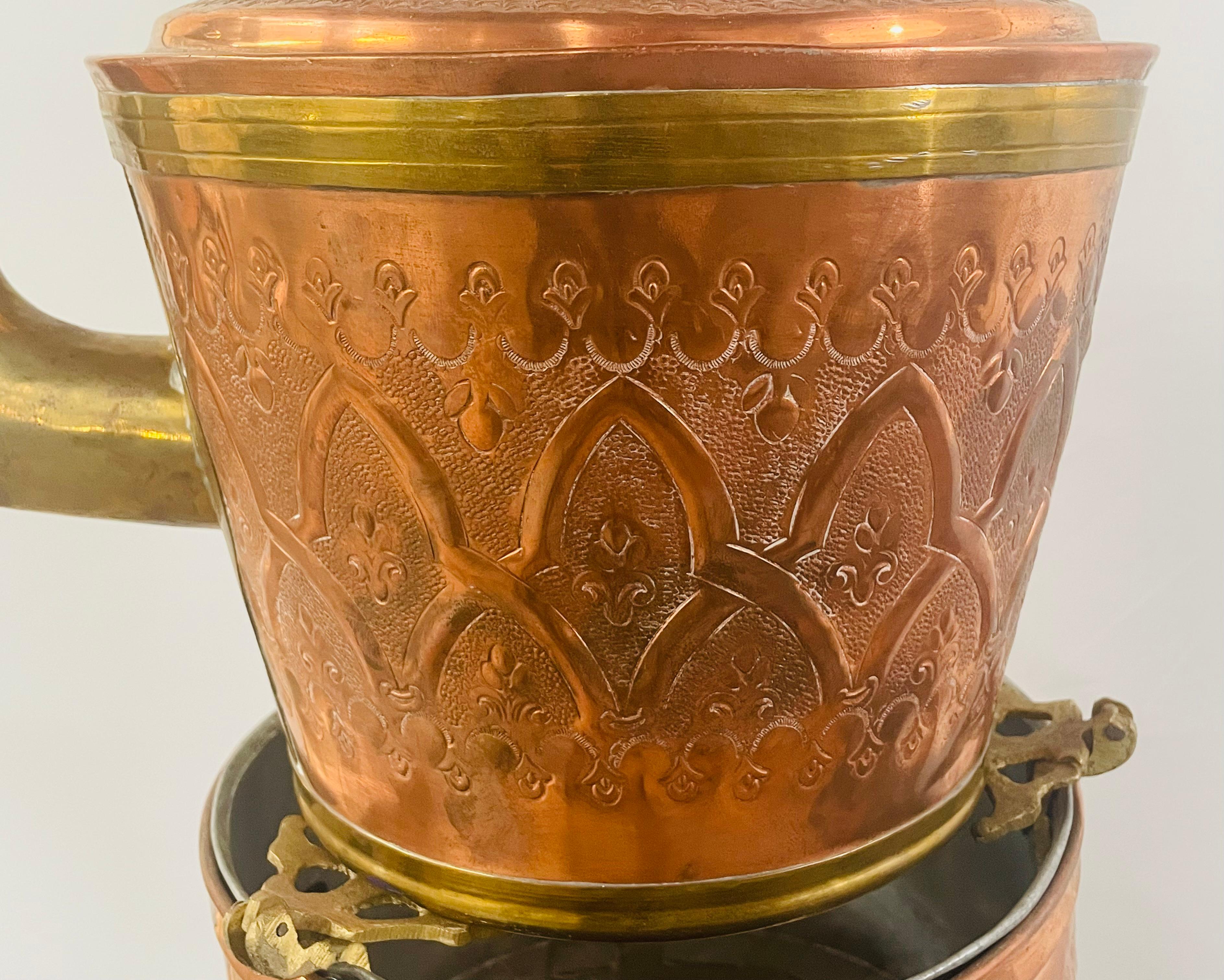 Mid-Century Moorish Brass and Copper Tea Pot on Kettle 4